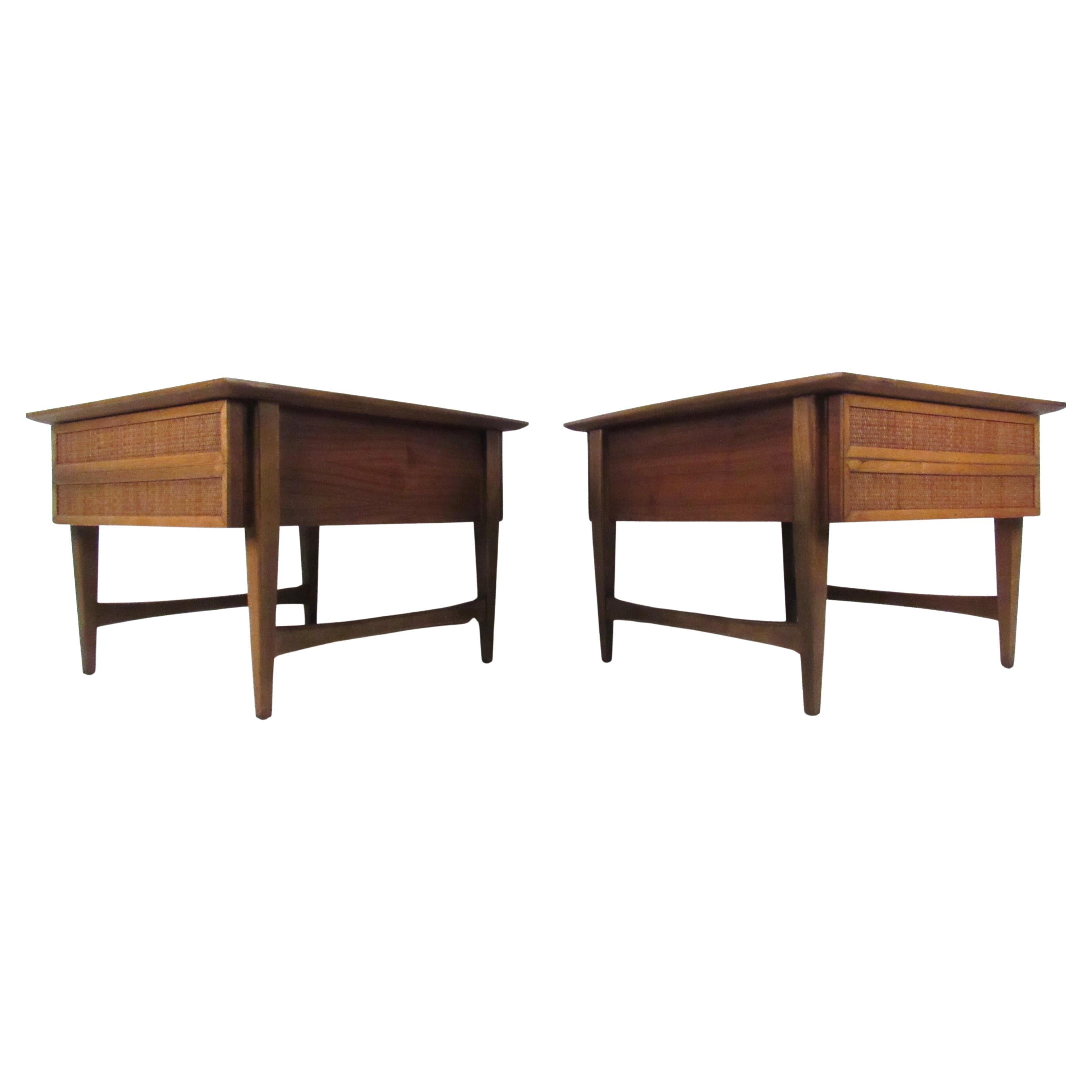 Pair of Mid-Century Cane Front End Tables by Lane For Sale