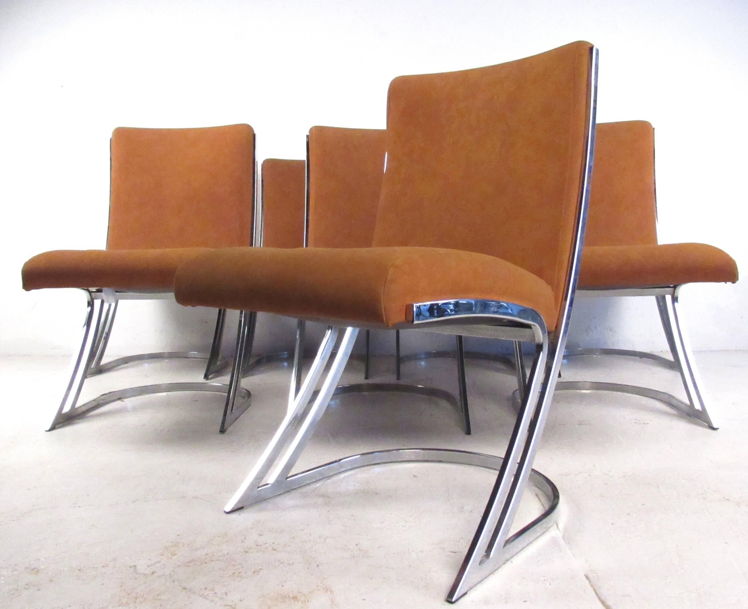 This stunning set of Mid-Century style dining chairs feature a Z-like cantilever base in a stylish chrome finish. Unique covering and comfortable upholstery make this the perfect set for any modern interior. Please confirm item location (NY or NJ).