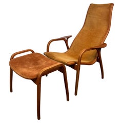 Vintage Swedish Lamino Chair & Ottoman in Sheepskin by Yngve Ekstrom for Swedese