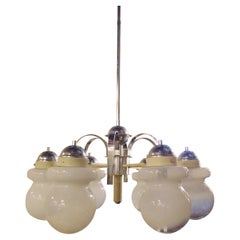 Mid-Century Modern Chandelier with Chrome Frame and Frosted Glass