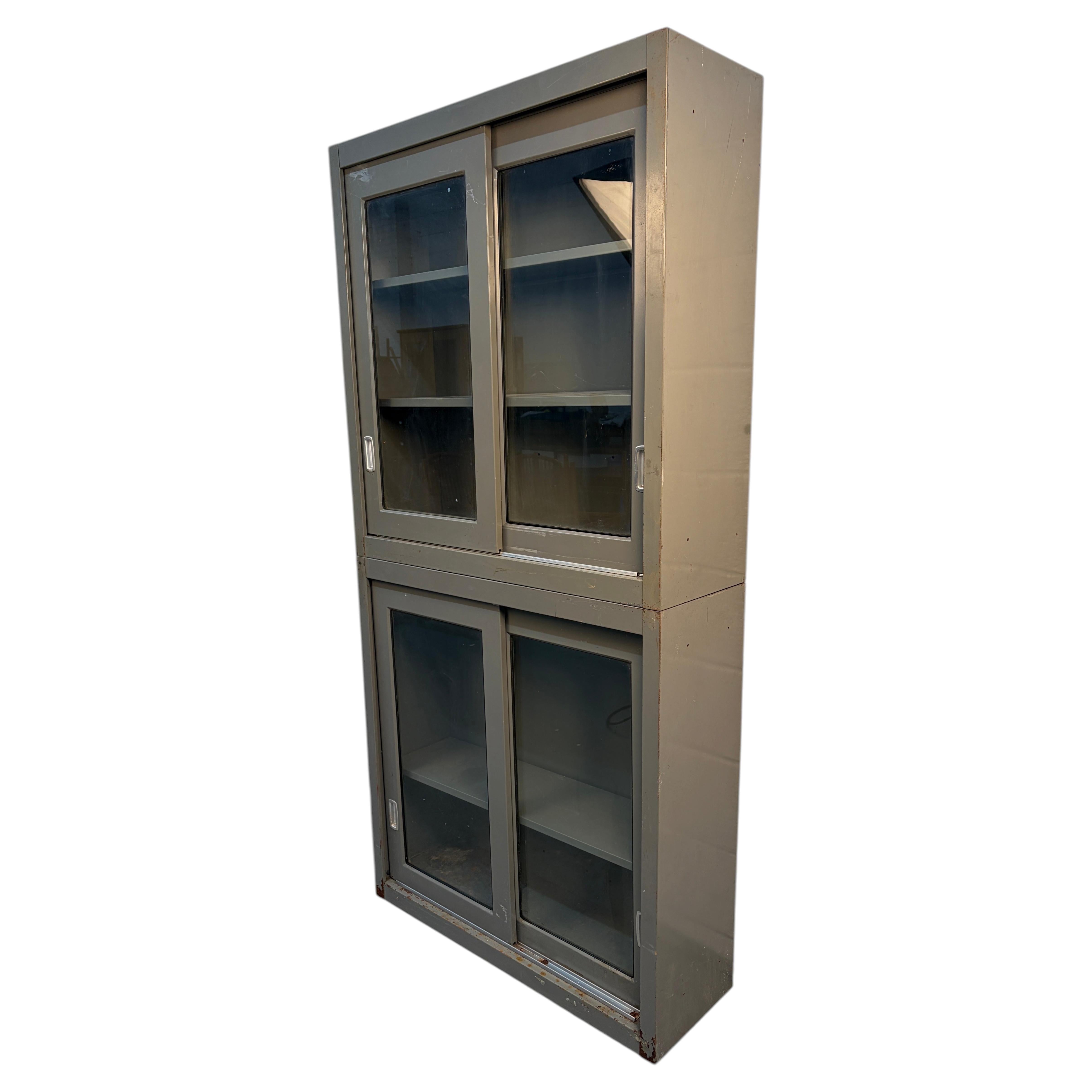 Industrial Stackable Metal Cabinet With Sliding Glass Doors For Sale