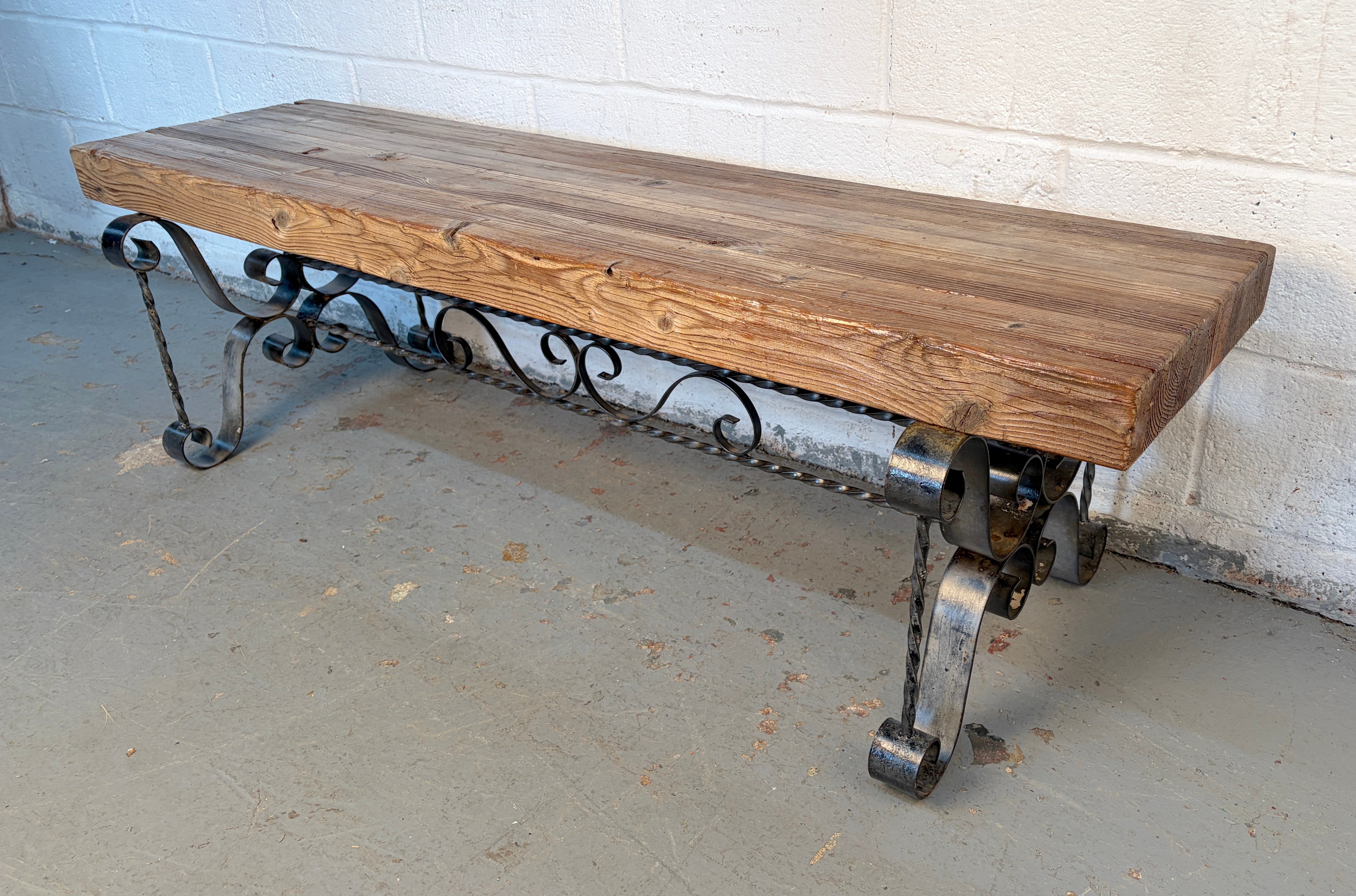 Rustic Industrial Wrought Iron Butcher-Block Bench in vendita