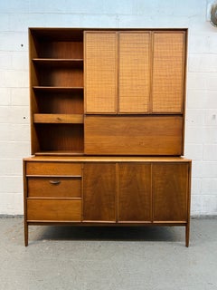 Barney Flagg for Drexel Parallel Mid-Century Walnut and Cane Credenza and Hutch