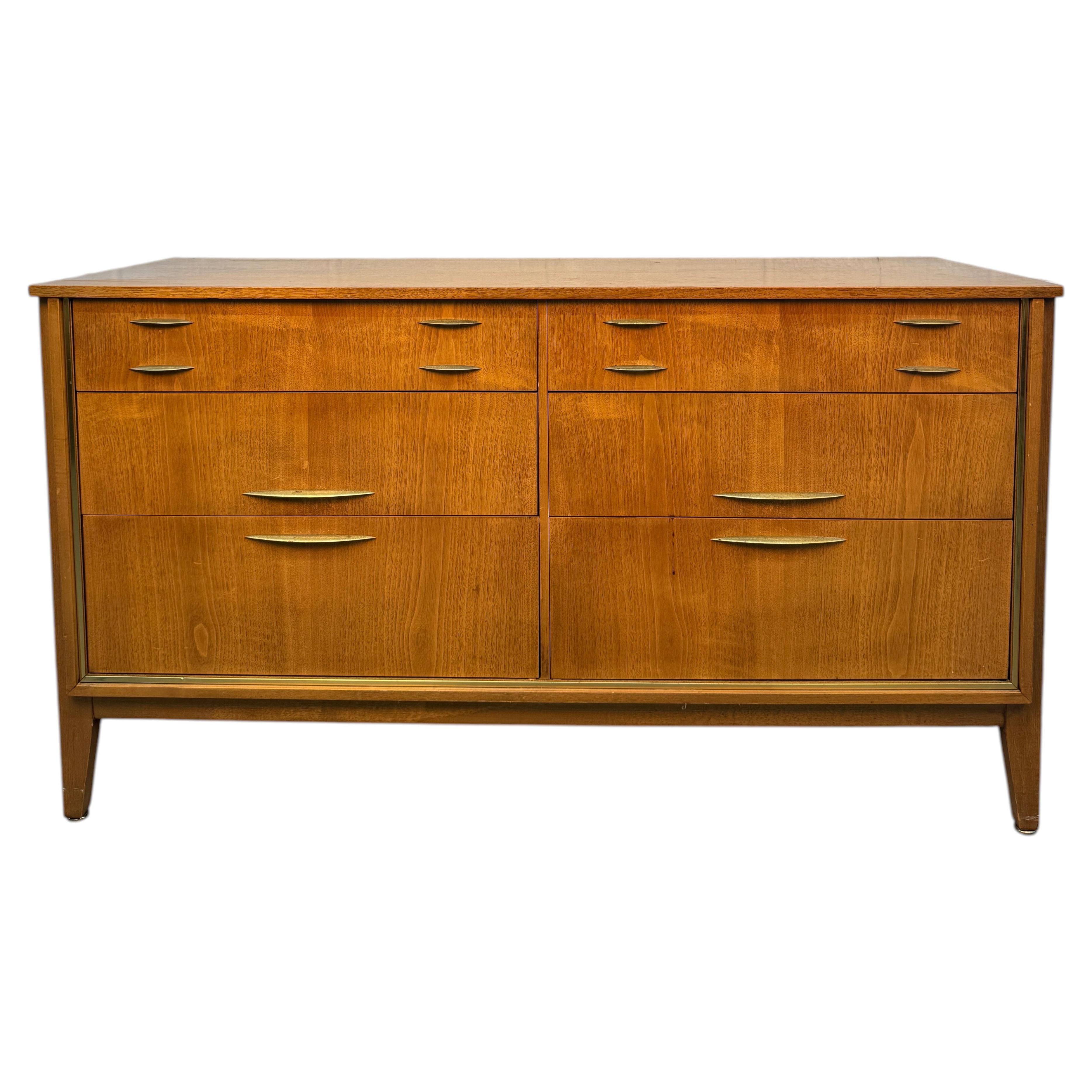 Mid-Century Six Drawer Walnut & Brass Lowboy Dresser by West Michigan Furniture For Sale