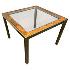 Mid-Century Brass & Burl Accented Glass Side Table