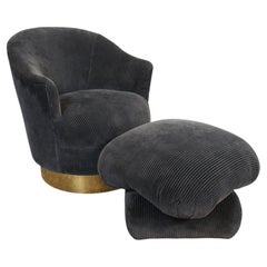 Mid-Century Modern Blue Corduroy Barrel Swivel Chair and Ottoman
