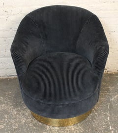 Mid-Century Modern Blue Corduroy Barrel Swivel Chair and Ottoman
