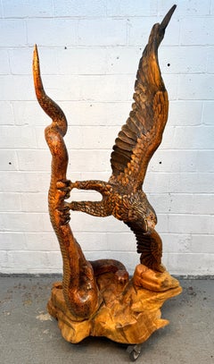 Hand-Carved Eagle & Serpent Wood Sculpture