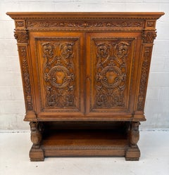 Antique French Renaissance Revival Carved Oak Hunt Cabinet / Buffet