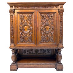 Antique French Renaissance Revival Carved Oak Hunt Cabinet / Buffet