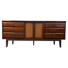 Mid-Century Modern Walnut and Cane Nine Drawer Dresser