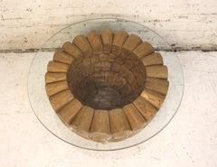 Round Rustic Coffee Table with Teak Log Base and Glass Top