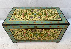 Vintage Hand-Painted Wooden Floral Folk Art Storage Trunk