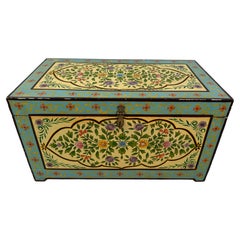 Vintage Hand-Painted Wooden Floral Folk Art Storage Trunk