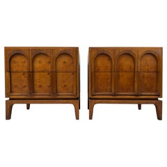 Mid-Century Walnut and Burlwood Arched Nightstands By Thomasville