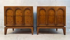 Mid-Century Walnut and Burlwood Arched Nightstands By Thomasville