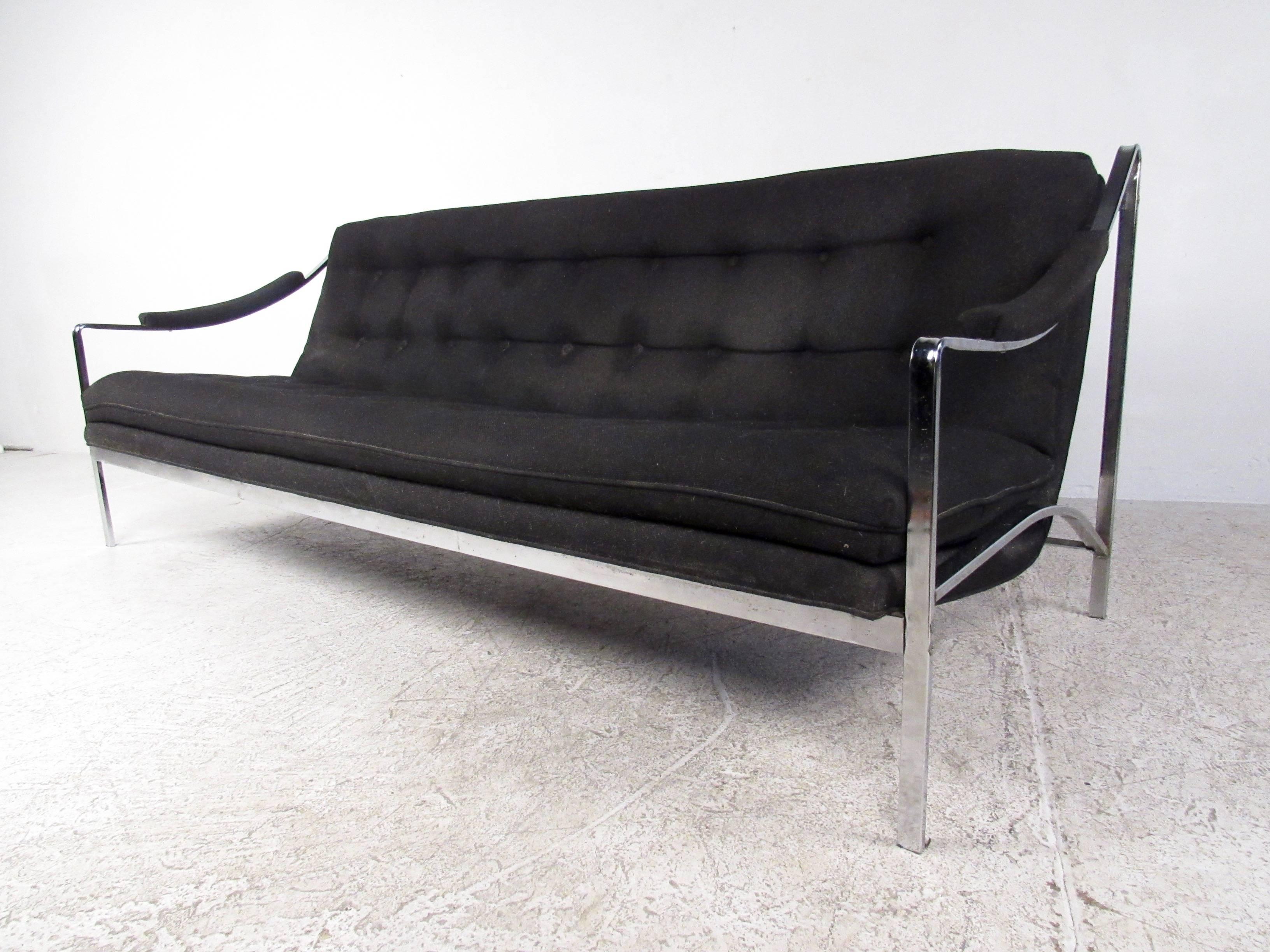 Upholstery Retro Modern Sofa and Chair Set with Ottoman For Sale