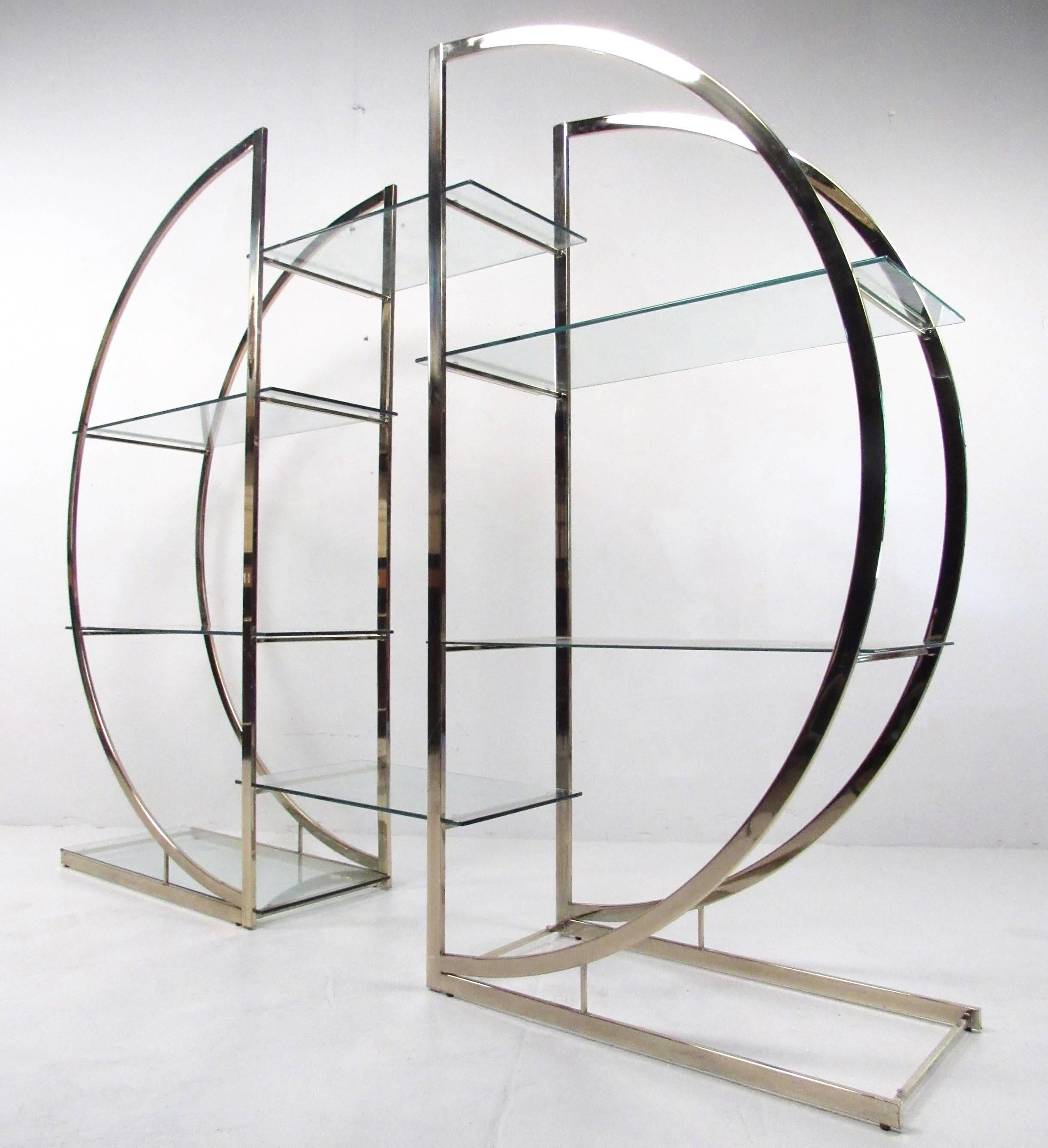 This stunning vintage etagere features a unique six shelf display that can be arranged to your optimal specifications. Unique mid-century design by Milo Baughman makes this a beautiful addition to any interior, whether for home storage or shop