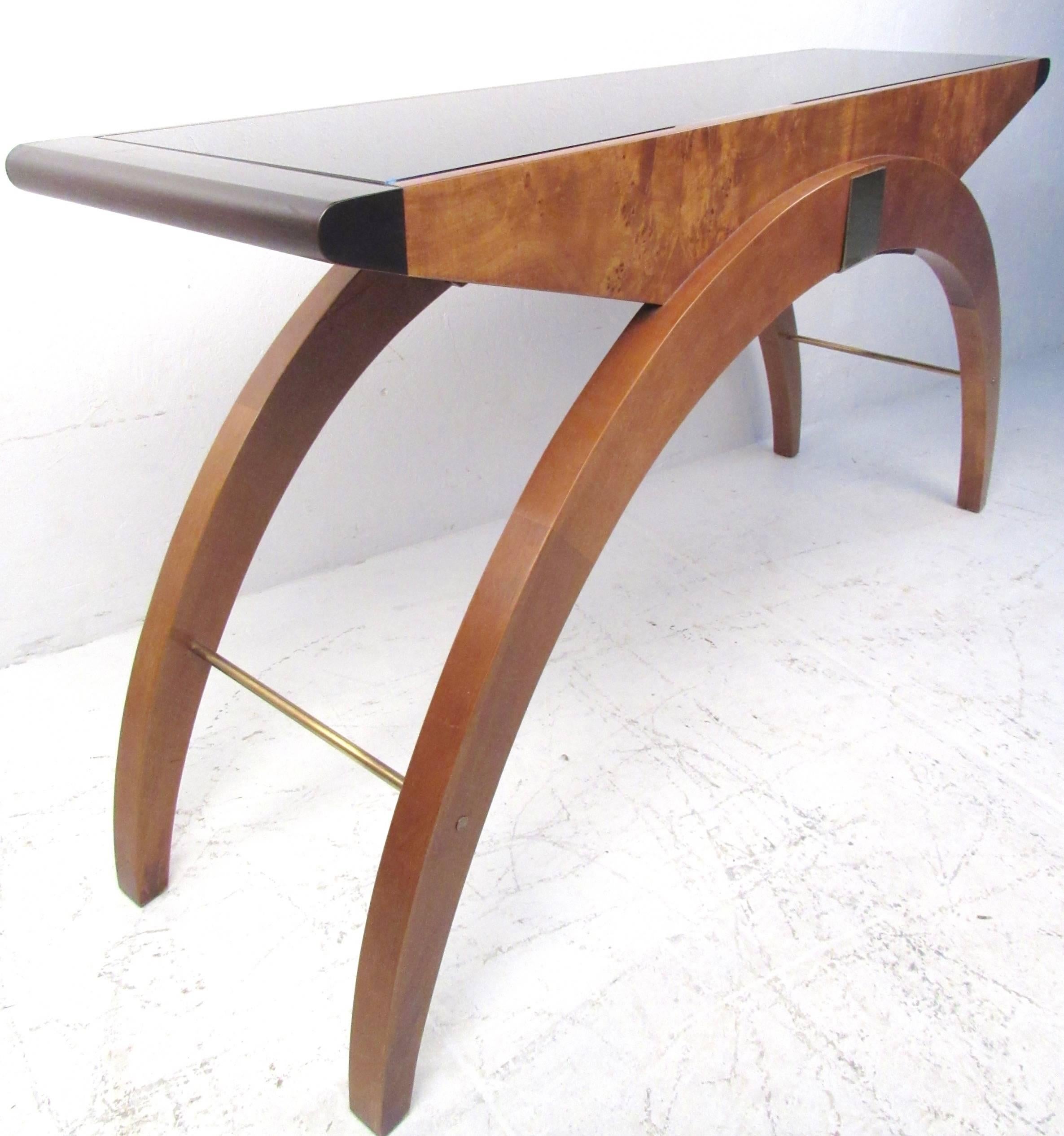 Art Deco Mid-Century Style Burl and Brass Console Table