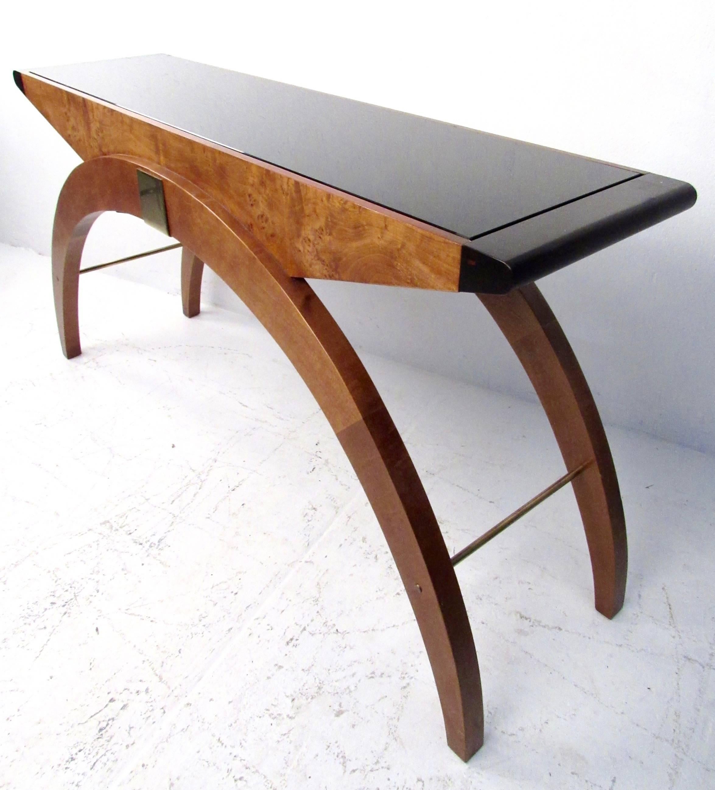 Mid-Century Style Burl and Brass Console Table 1