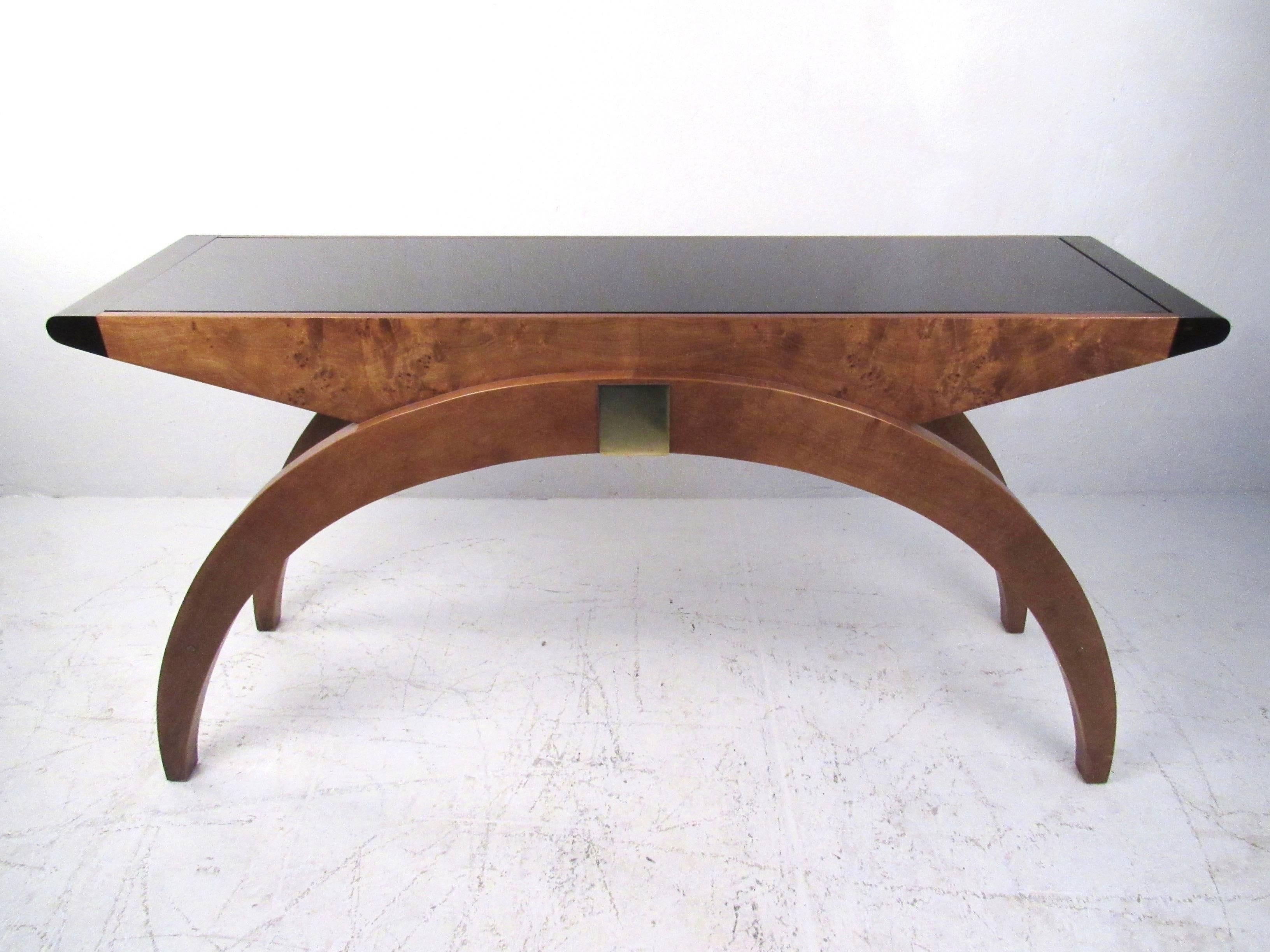 Mid-Century Style Burl and Brass Console Table 2