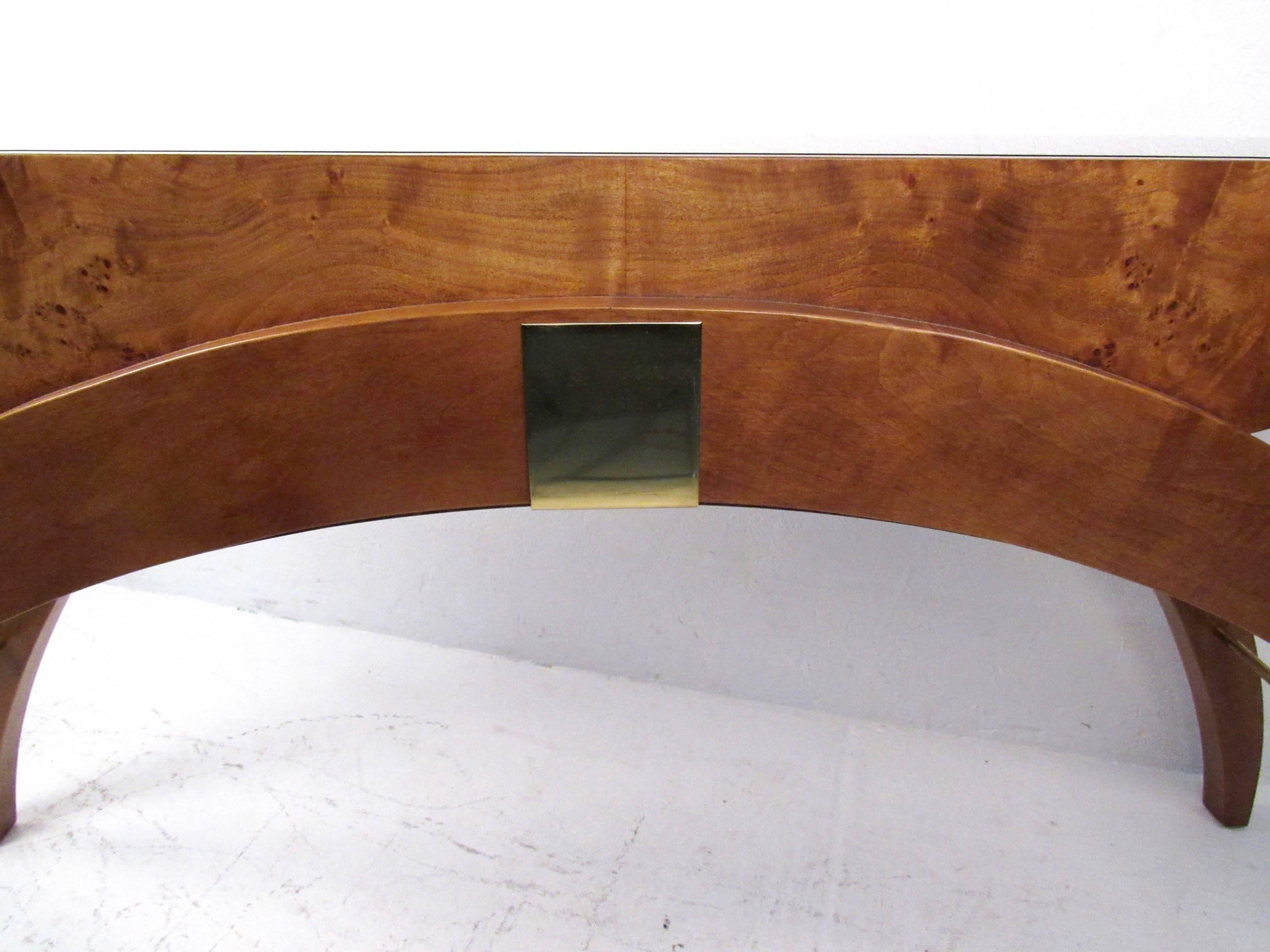 Mid-Century Style Burl and Brass Console Table 3