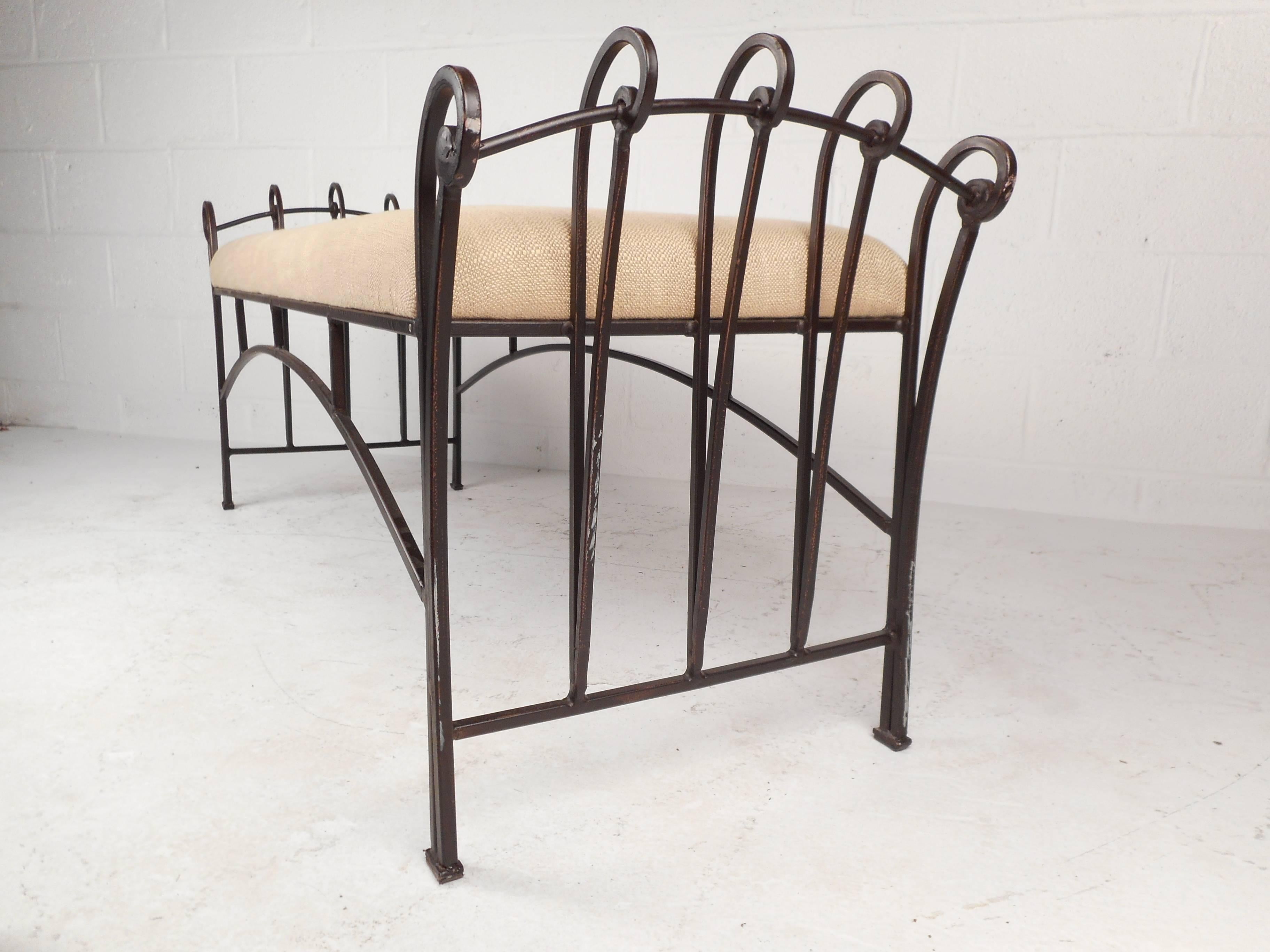 Vintage Wrought Iron Upholstered Bench In Good Condition In Brooklyn, NY