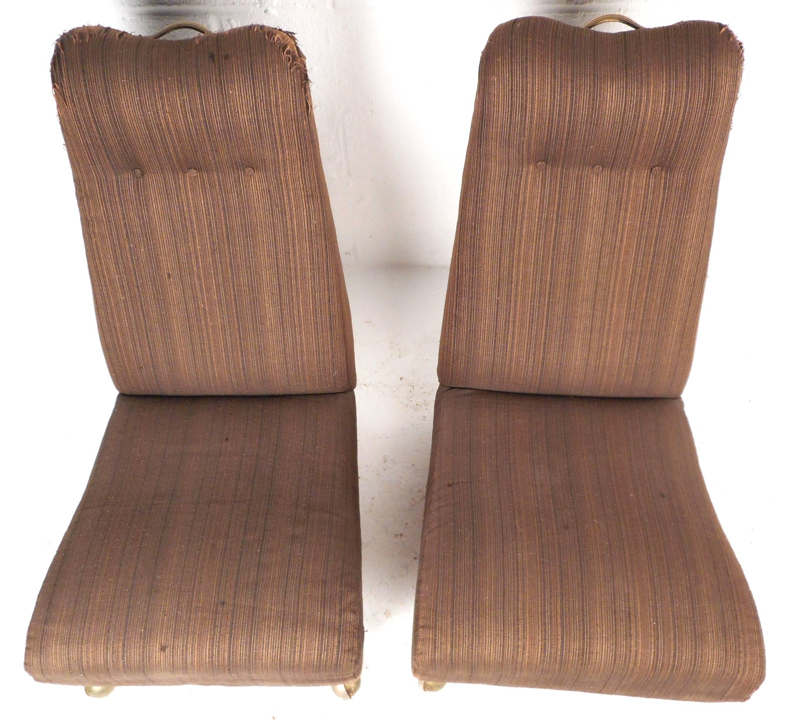 Brass Pair of Mid-Century Modern High Back Slipper Chairs