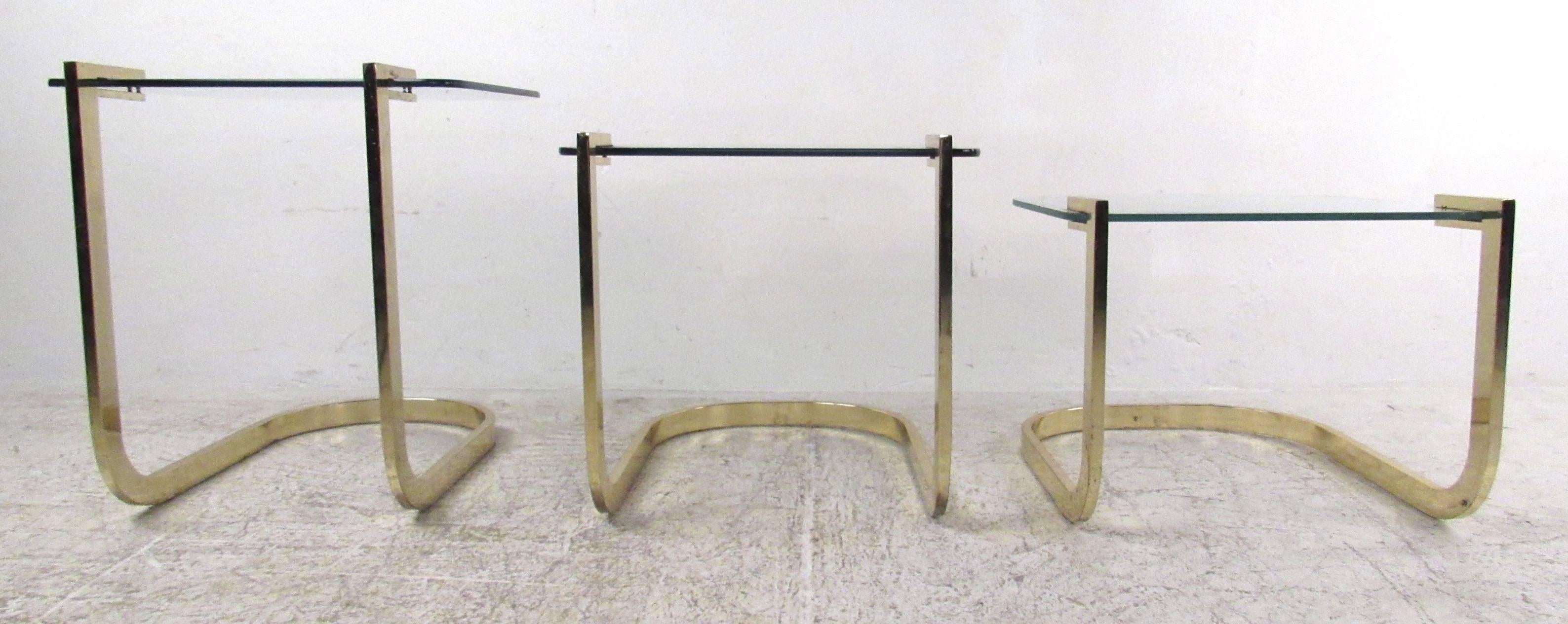 American Mid-Century Glass and Brass Nesting Tables by Design Institute America For Sale