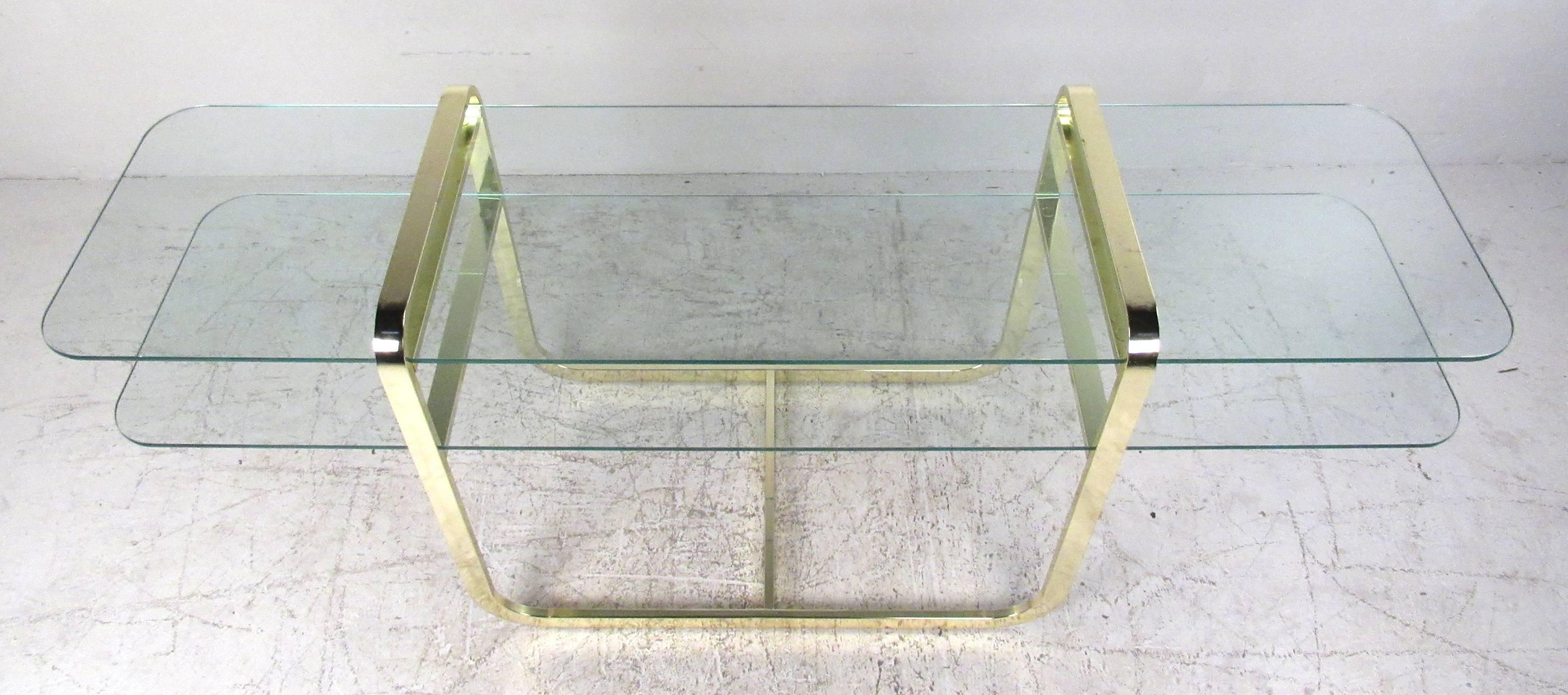 Modern Milo Baughman Style Brass and Glass Shelf