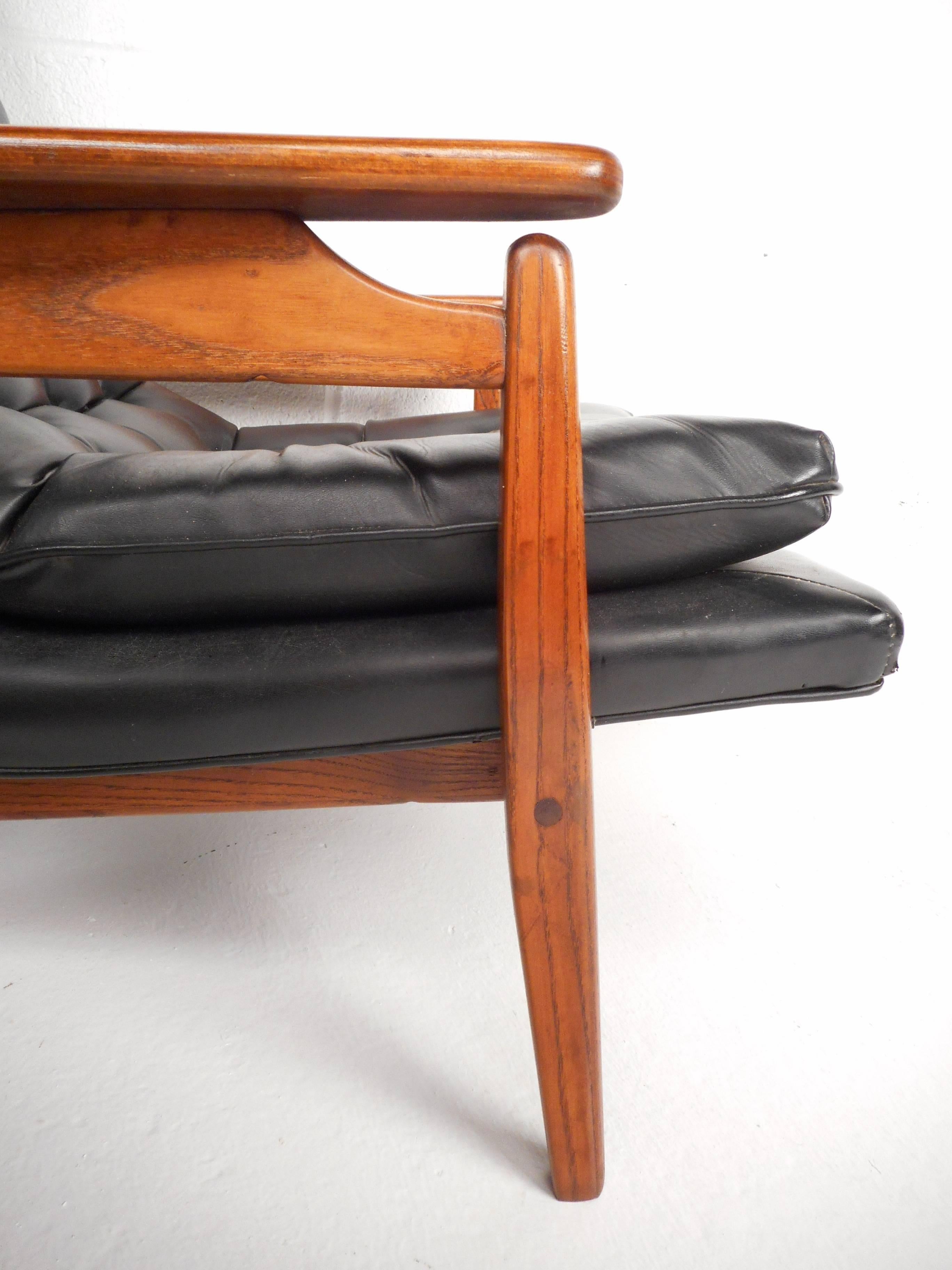 Teak Mid-Century Modern Tufted Vinyl Lounge Chair and Ottoman