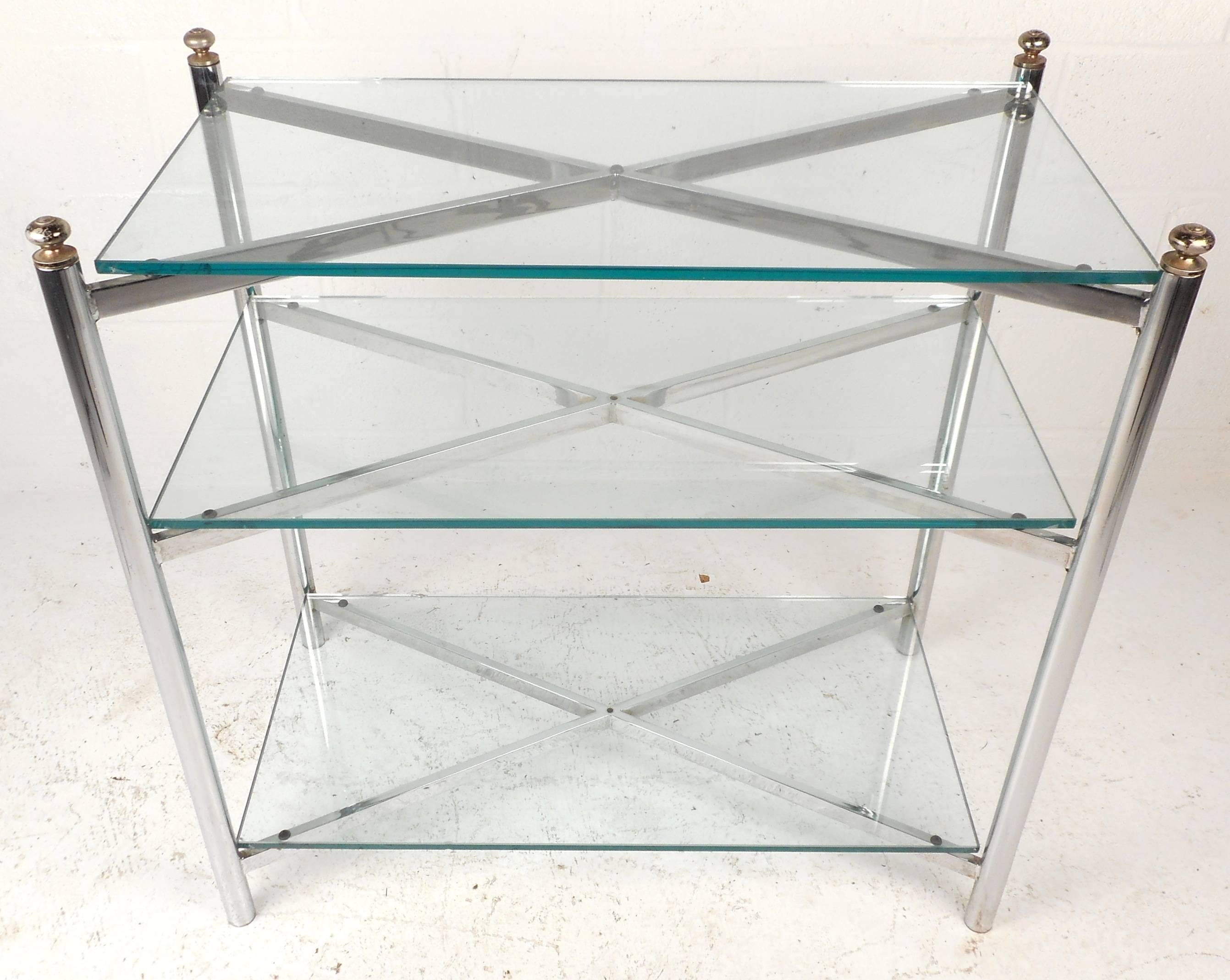 American Mid-Century Modern Chrome and Glass Display Shelf in the Style of Maison Jansen For Sale