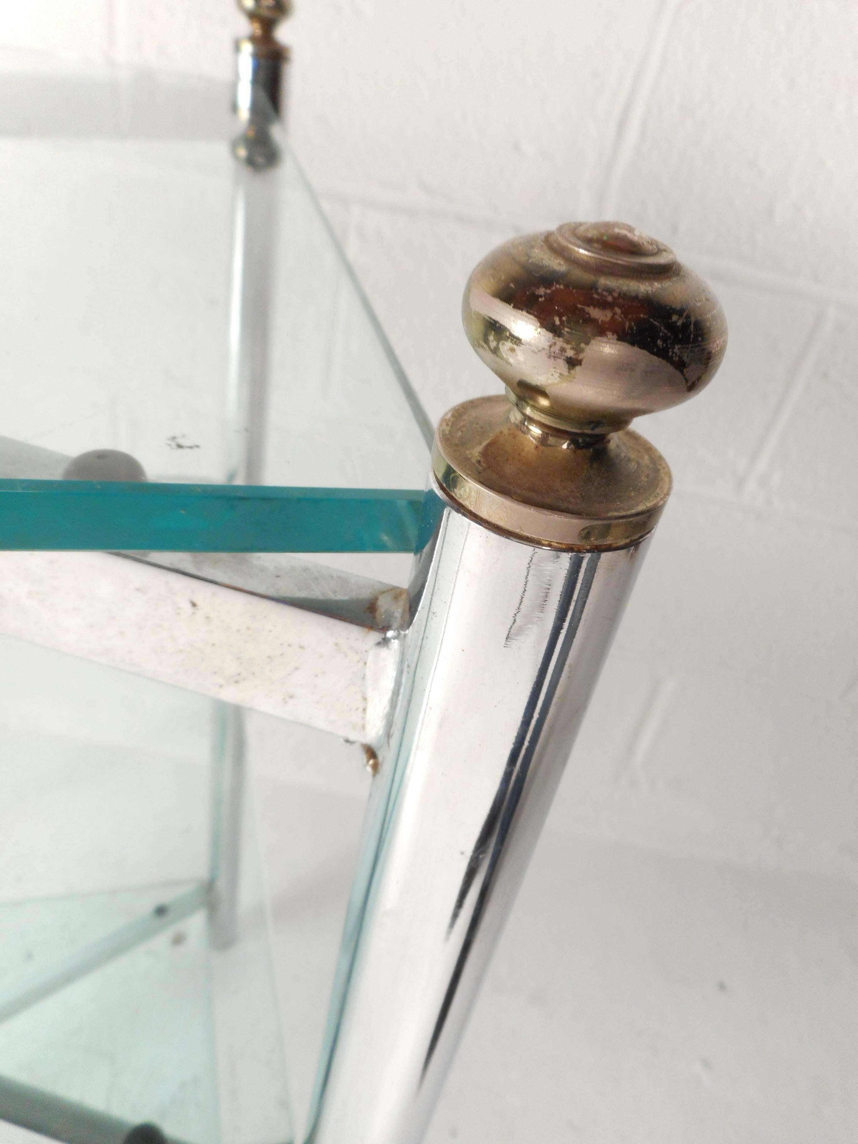 Brass Mid-Century Modern Chrome and Glass Display Shelf in the Style of Maison Jansen For Sale
