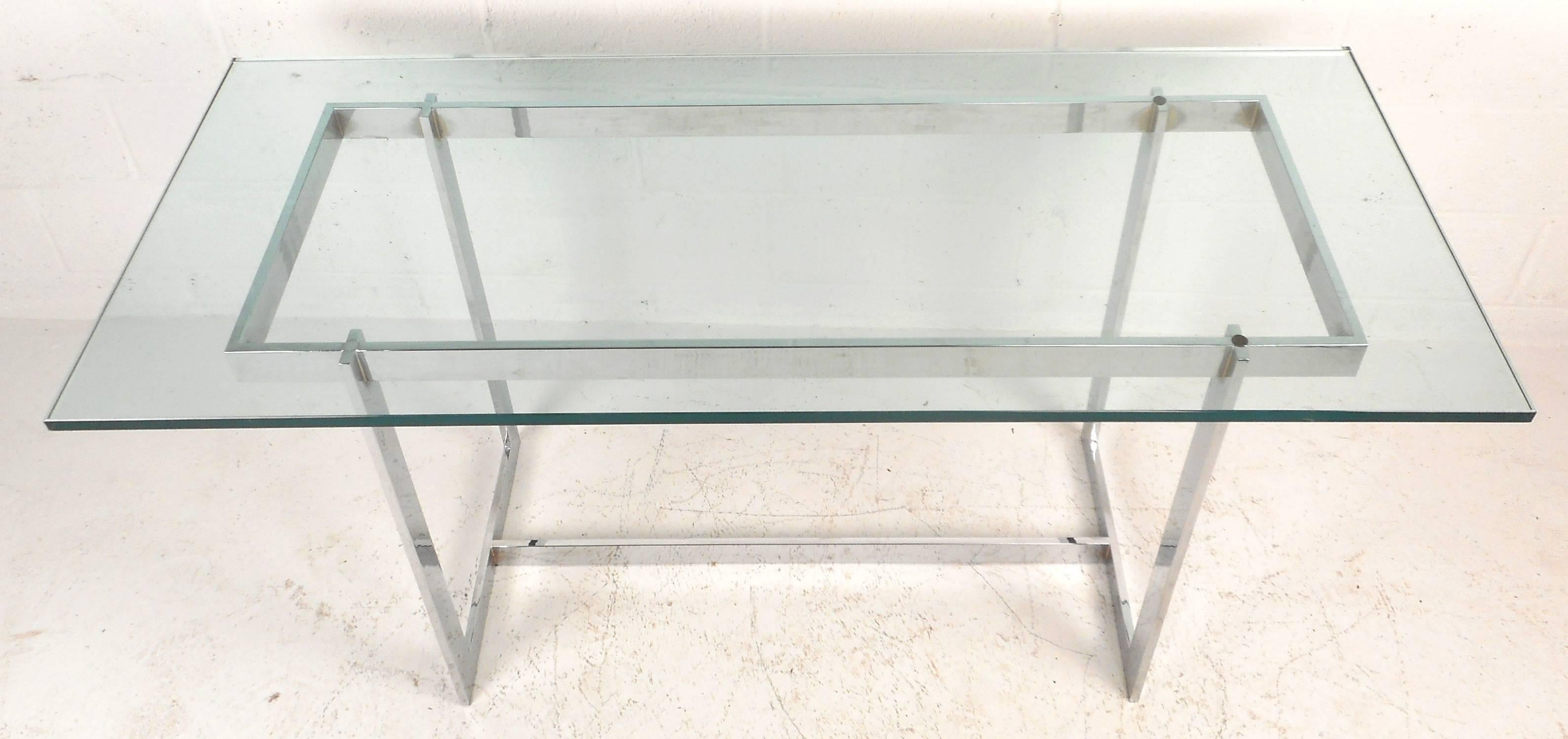 American Mid-Century Modern Glass and Chrome Console Table in the Style of Milo Baughman For Sale