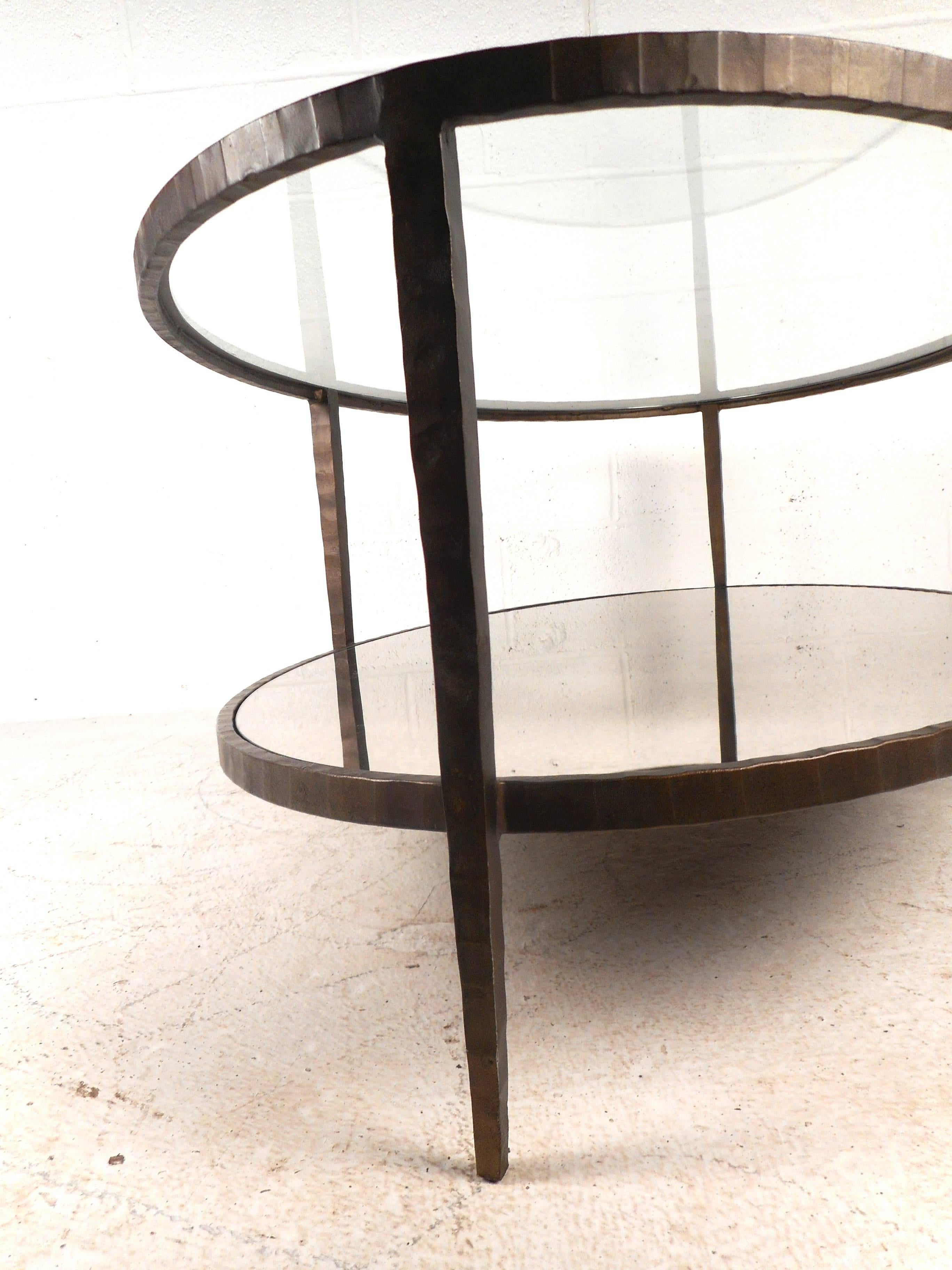 Glass Mid-Century Modern Oval Two-Tier Textured Metal Coffee Table