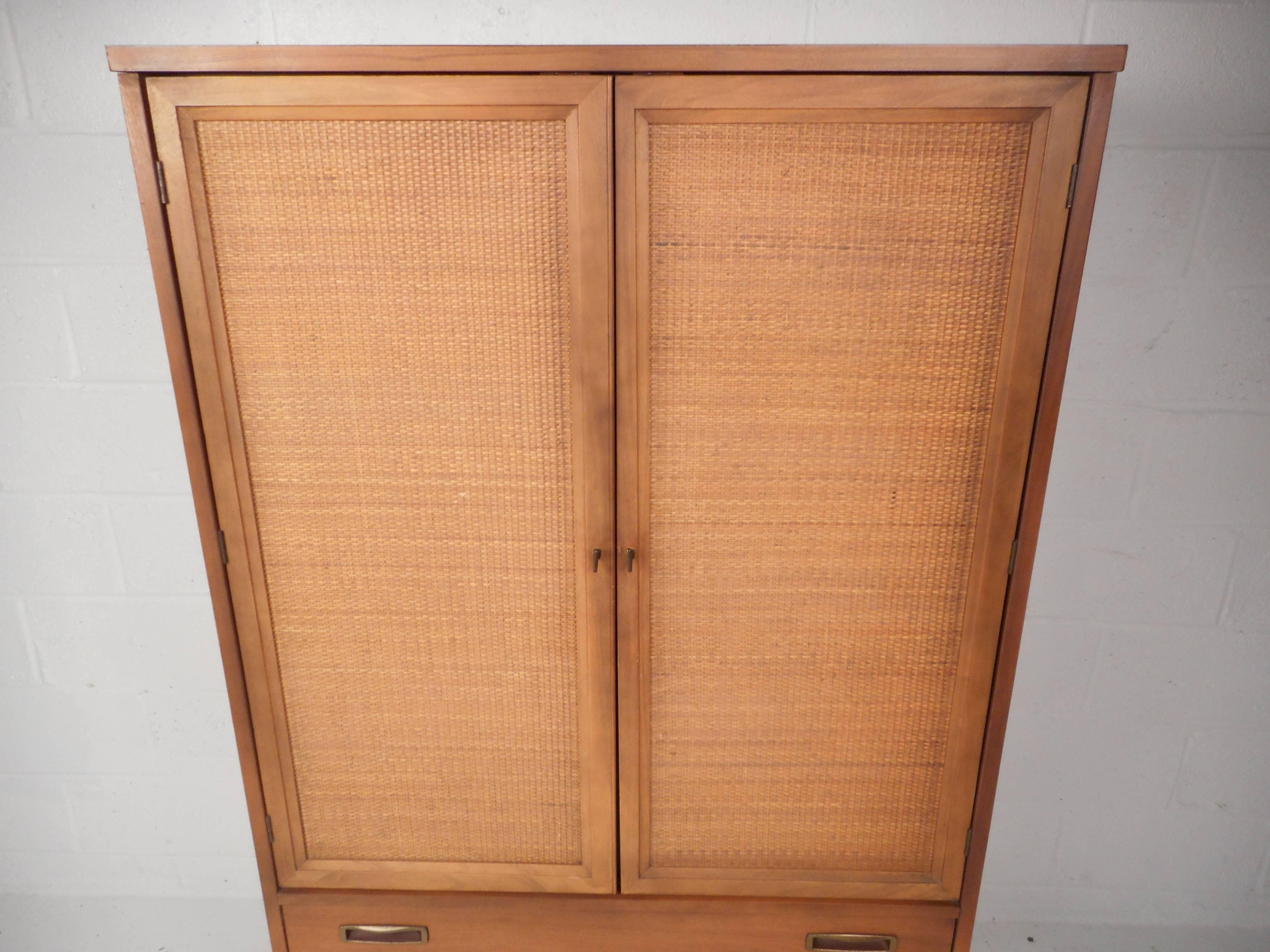 American Mid-Century Modern Cane Front Armoire Dresser