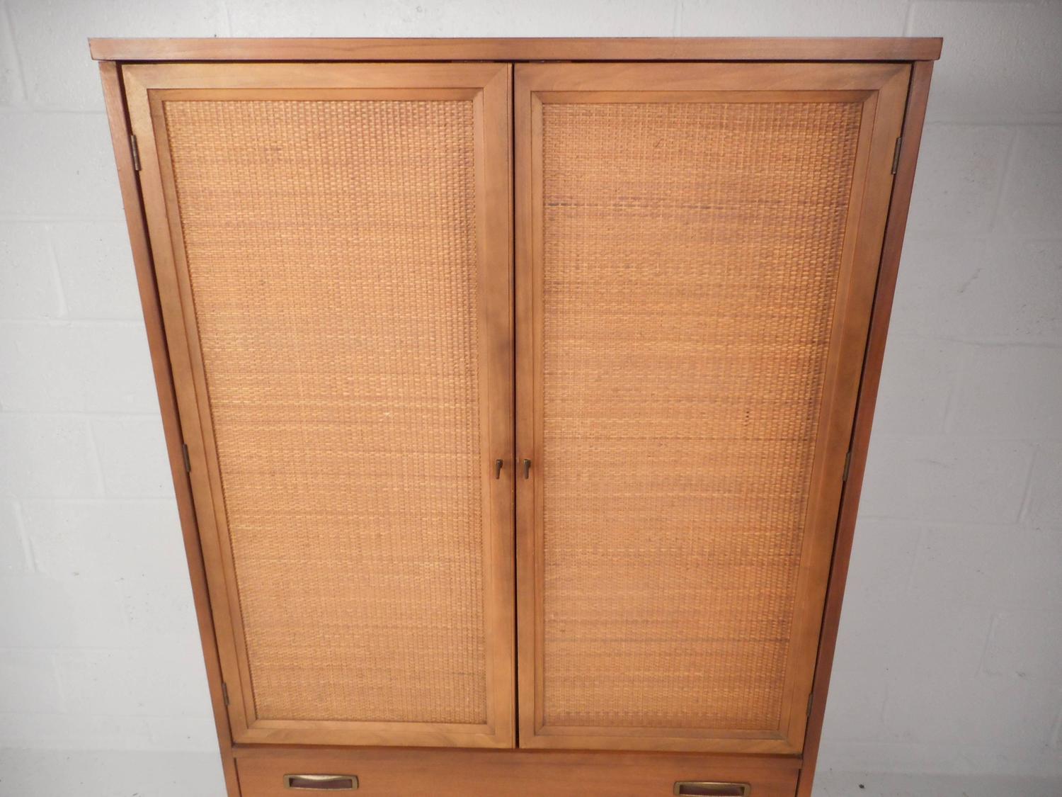MidCentury Modern Cane Front Armoire Dresser For Sale at 1stdibs