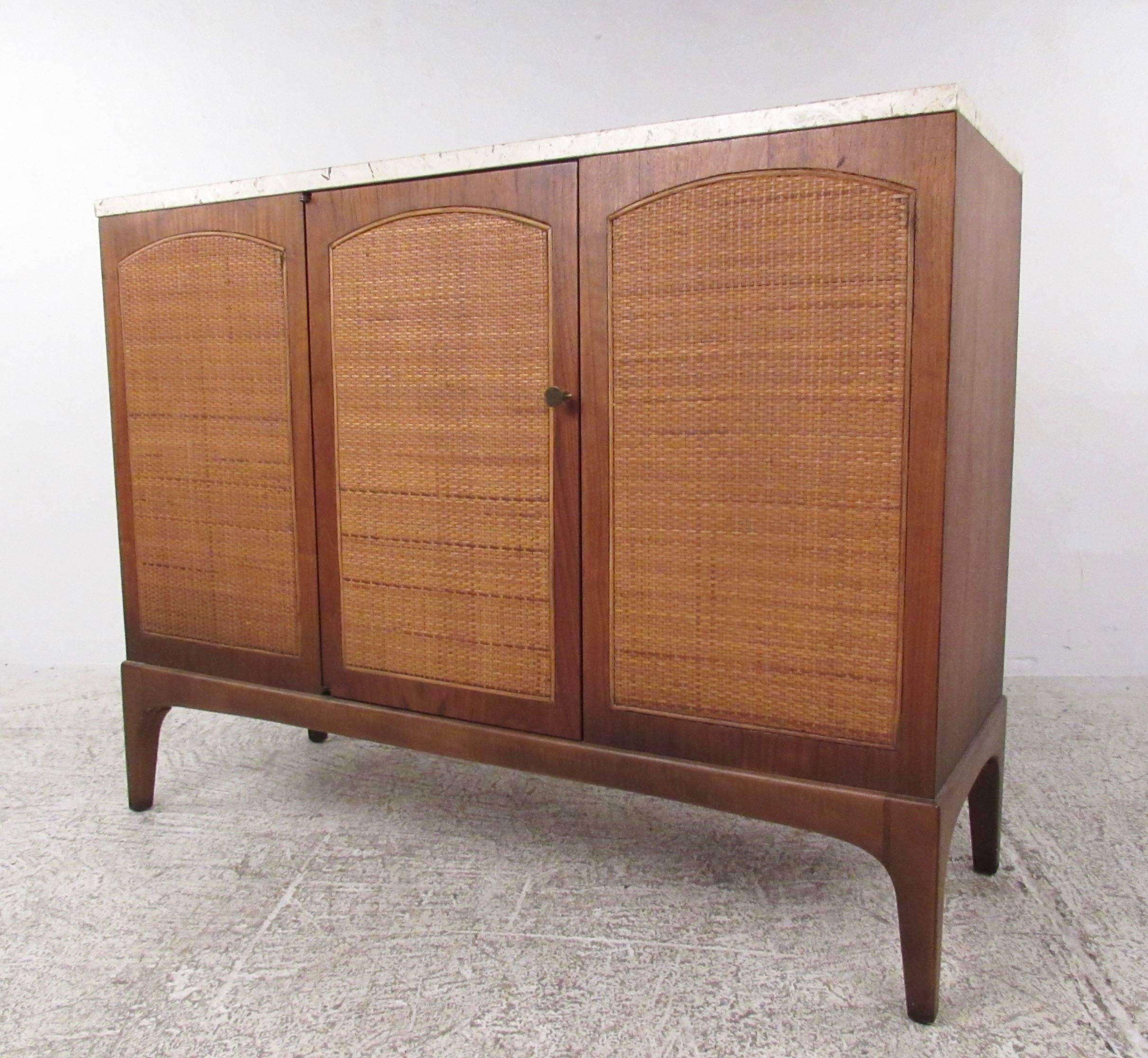 Mid-Century Modern Mid-Century Credenza With Marble Top and Cane Front