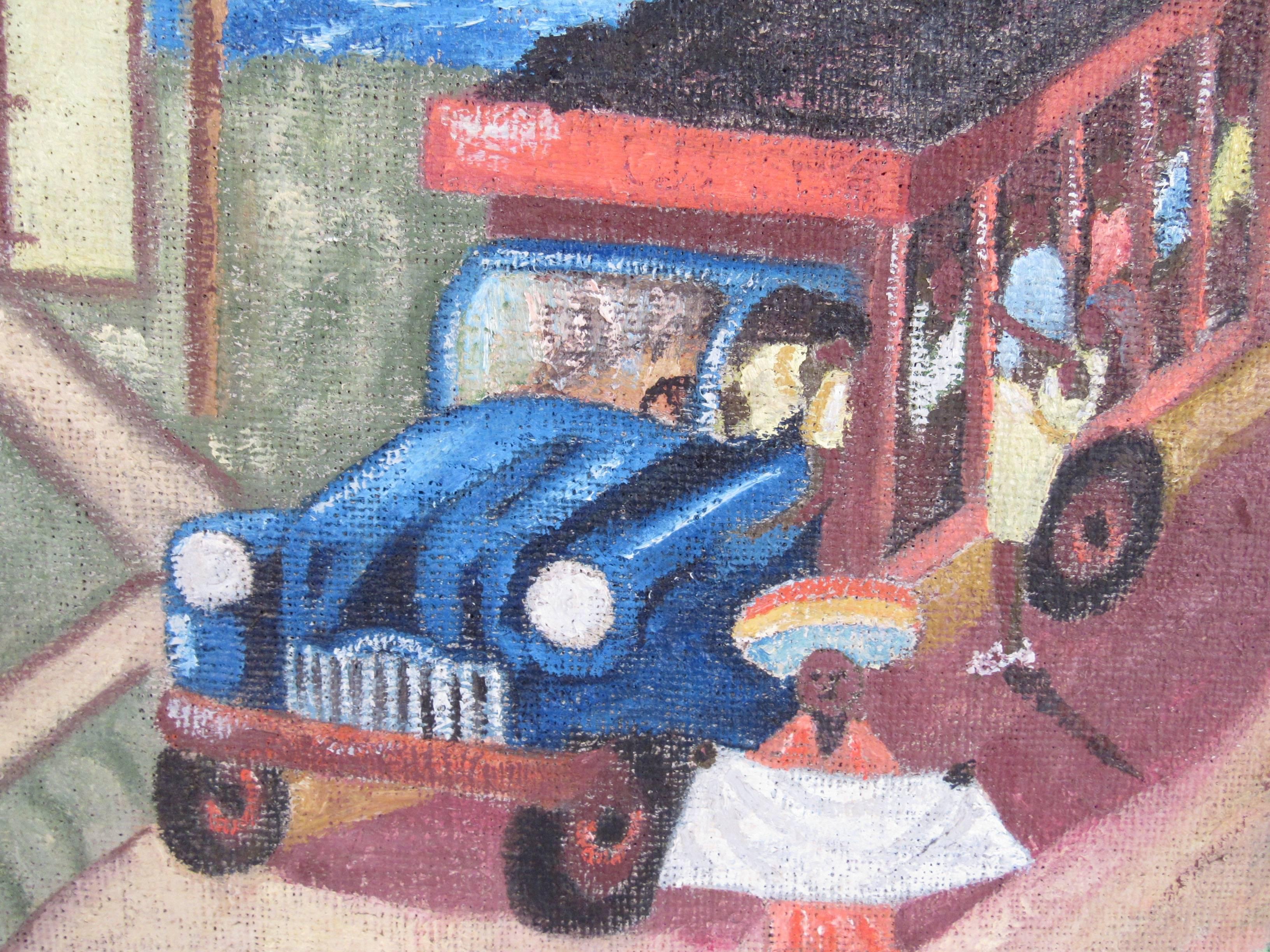 Colorful island scene depicting roadside stand by P. Freedman, 1974. Please confirm item location (NY or NJ) with dealer.