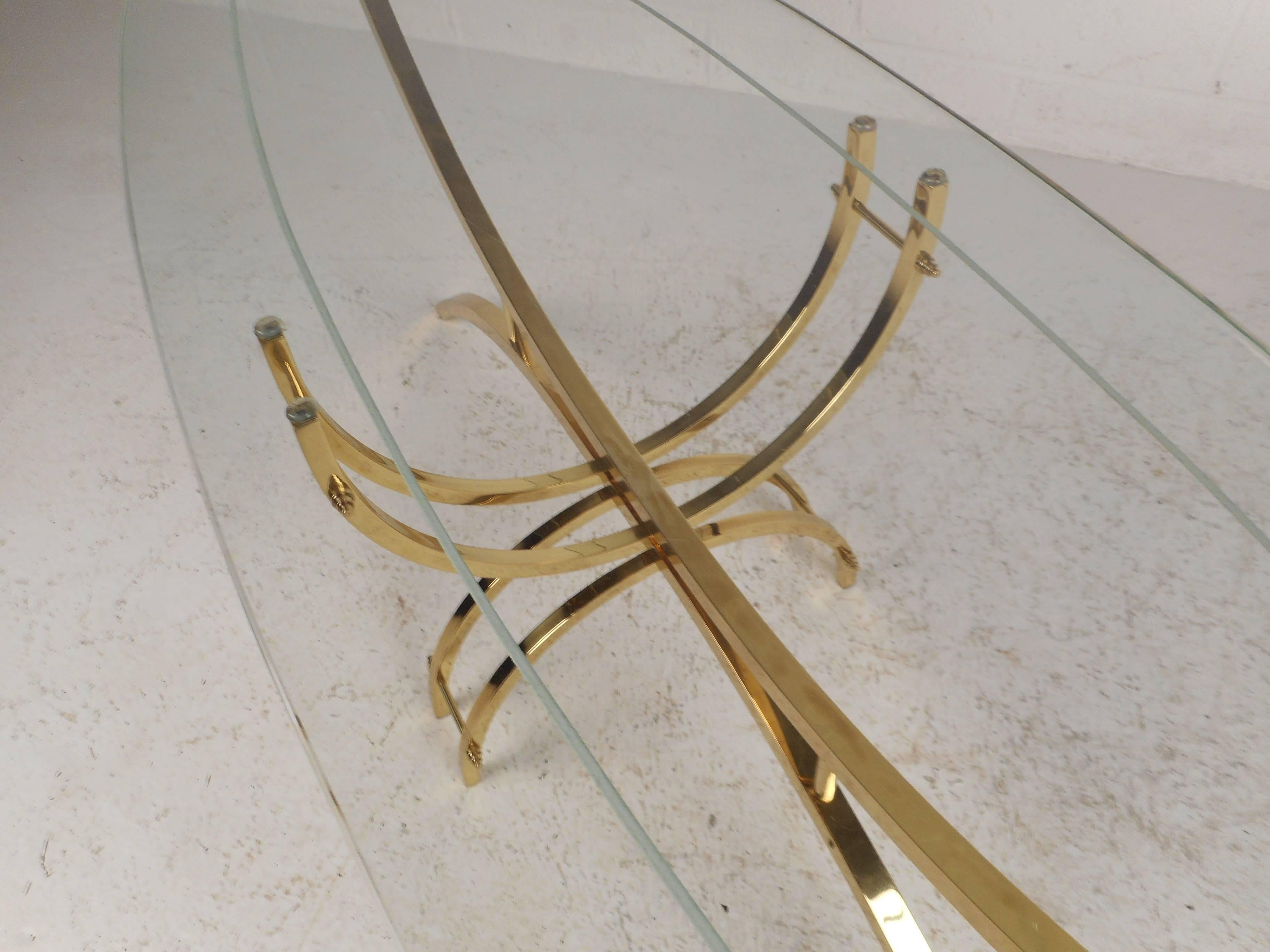 Contemporary Modern Glass and Brass Surfboard Coffee Table In Good Condition In Brooklyn, NY