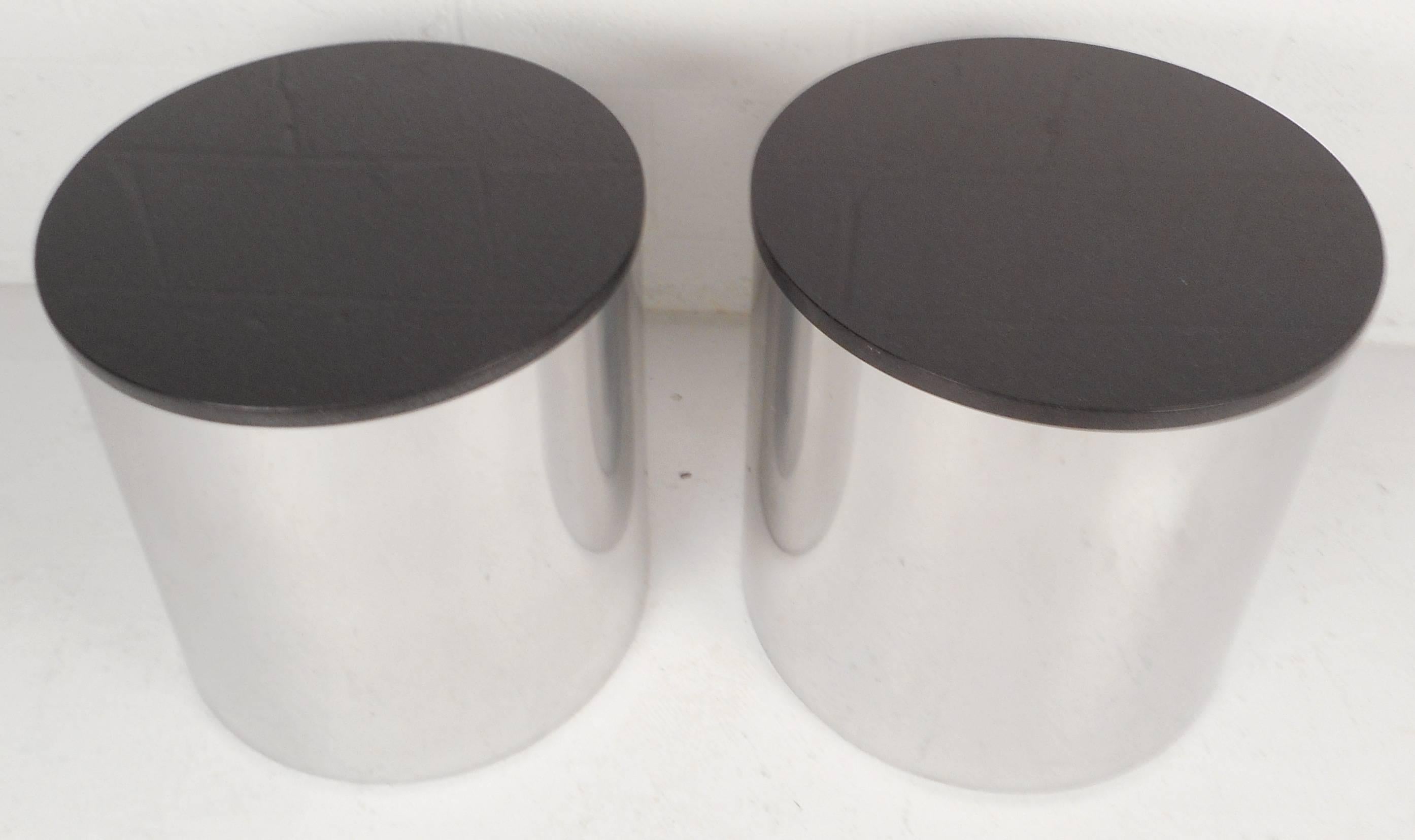 Mid-Century Modern Pair of Marble Top Drum Tables