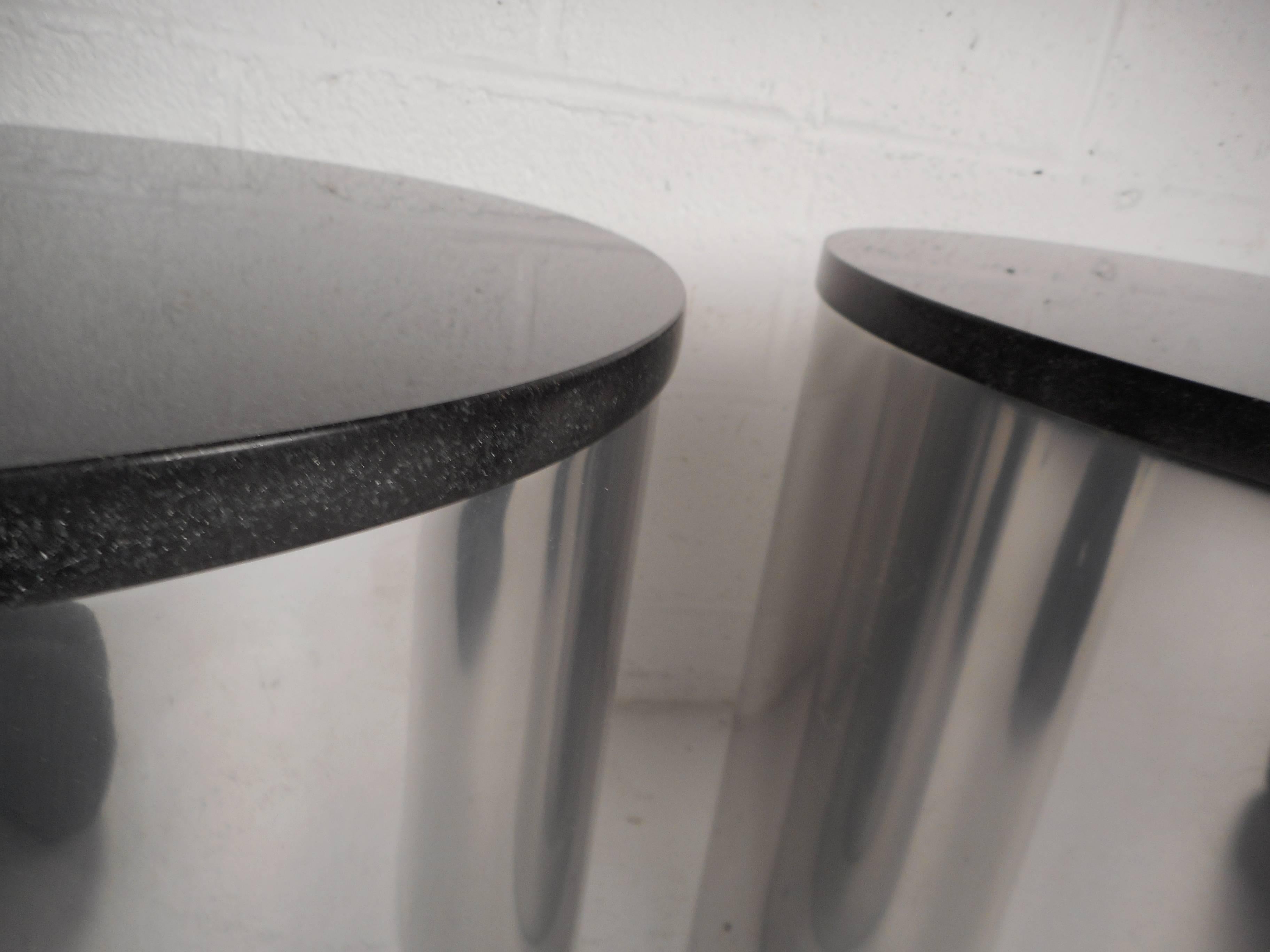 Steel Pair of Marble Top Drum Tables