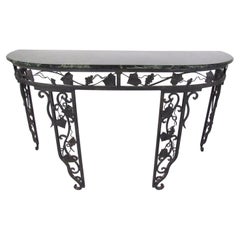 Vintage Demilune Console Table with Iron Base and Marble Top