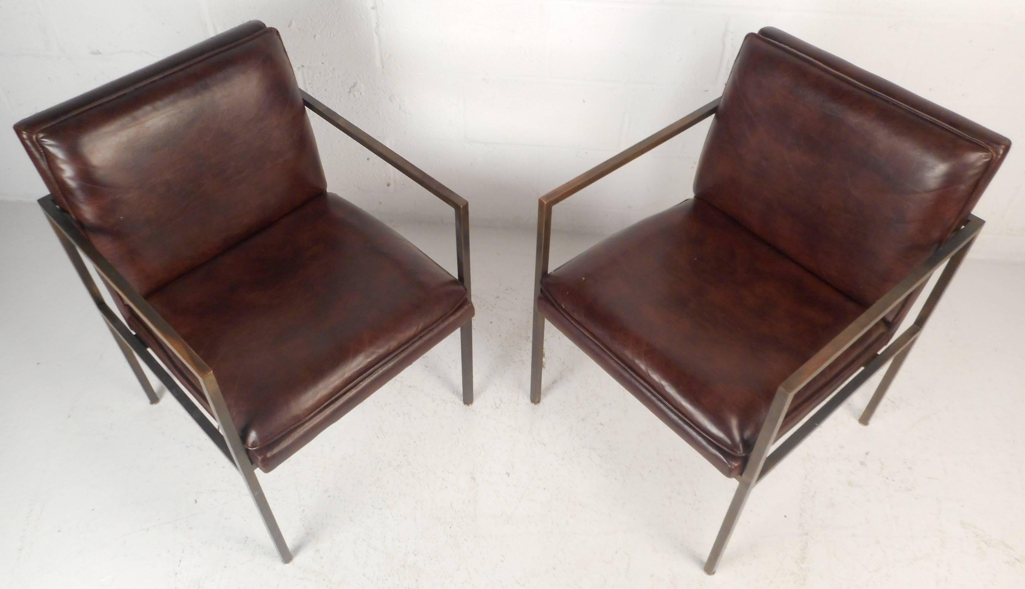 American Pair of Mid-Century Modern Brass and Vinyl Armchairs by Tulip Inc