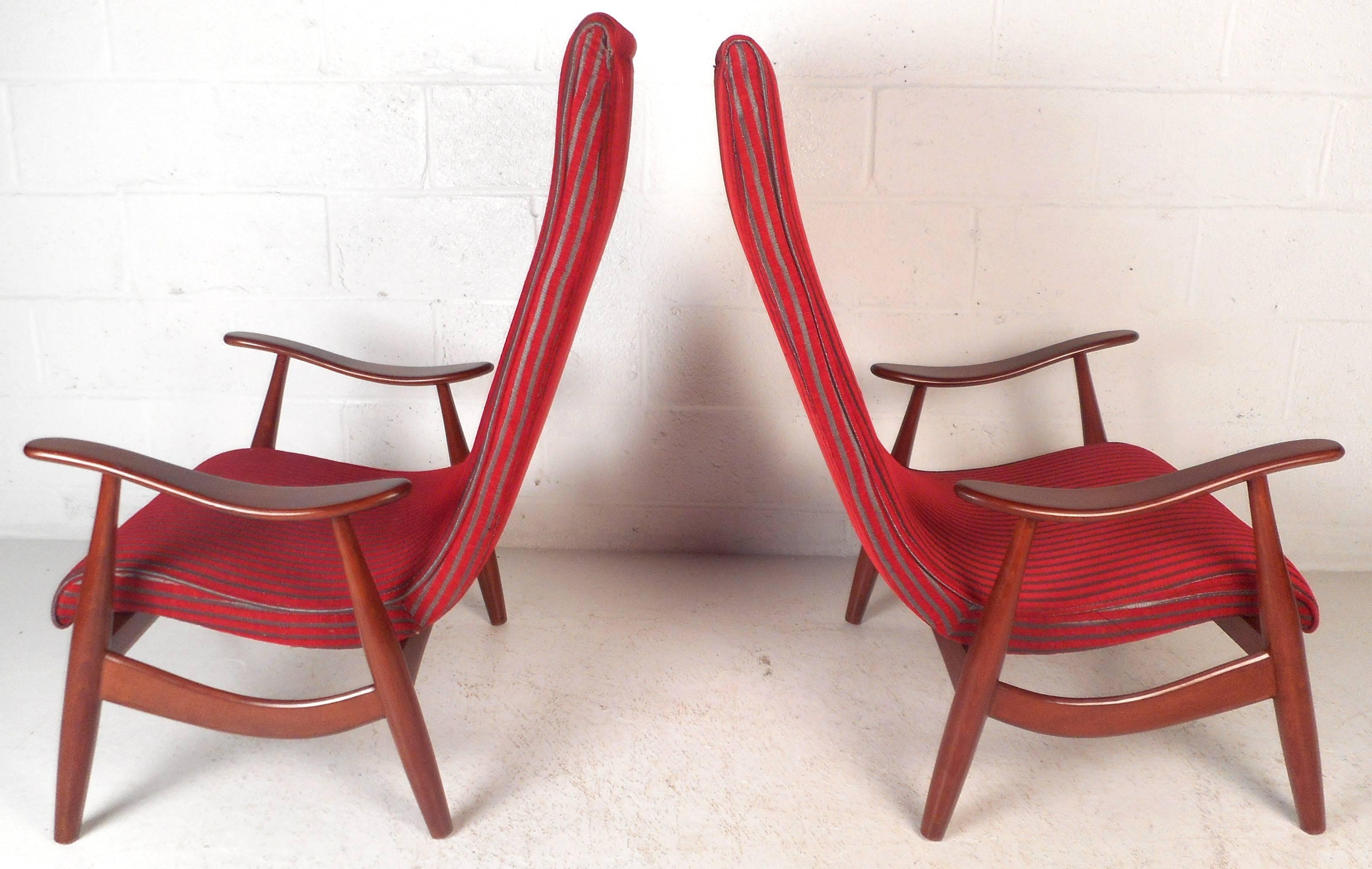 Mid-Century Modern Pair of Mid-Century Sculpted High Back Walnut Lounge Chairs For Sale