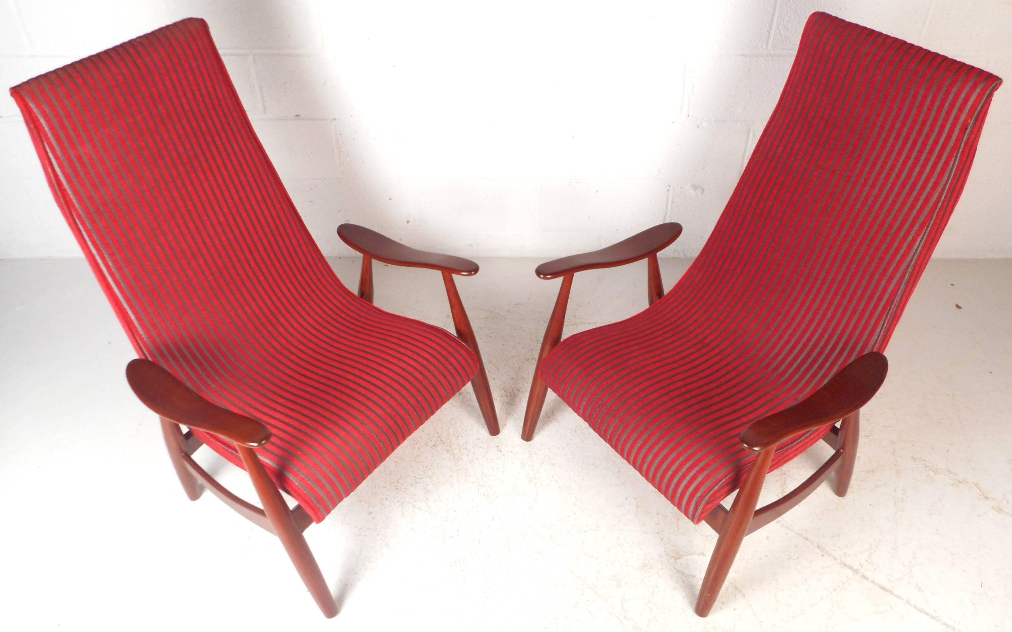 Carved Pair of Mid-Century Sculpted High Back Walnut Lounge Chairs For Sale