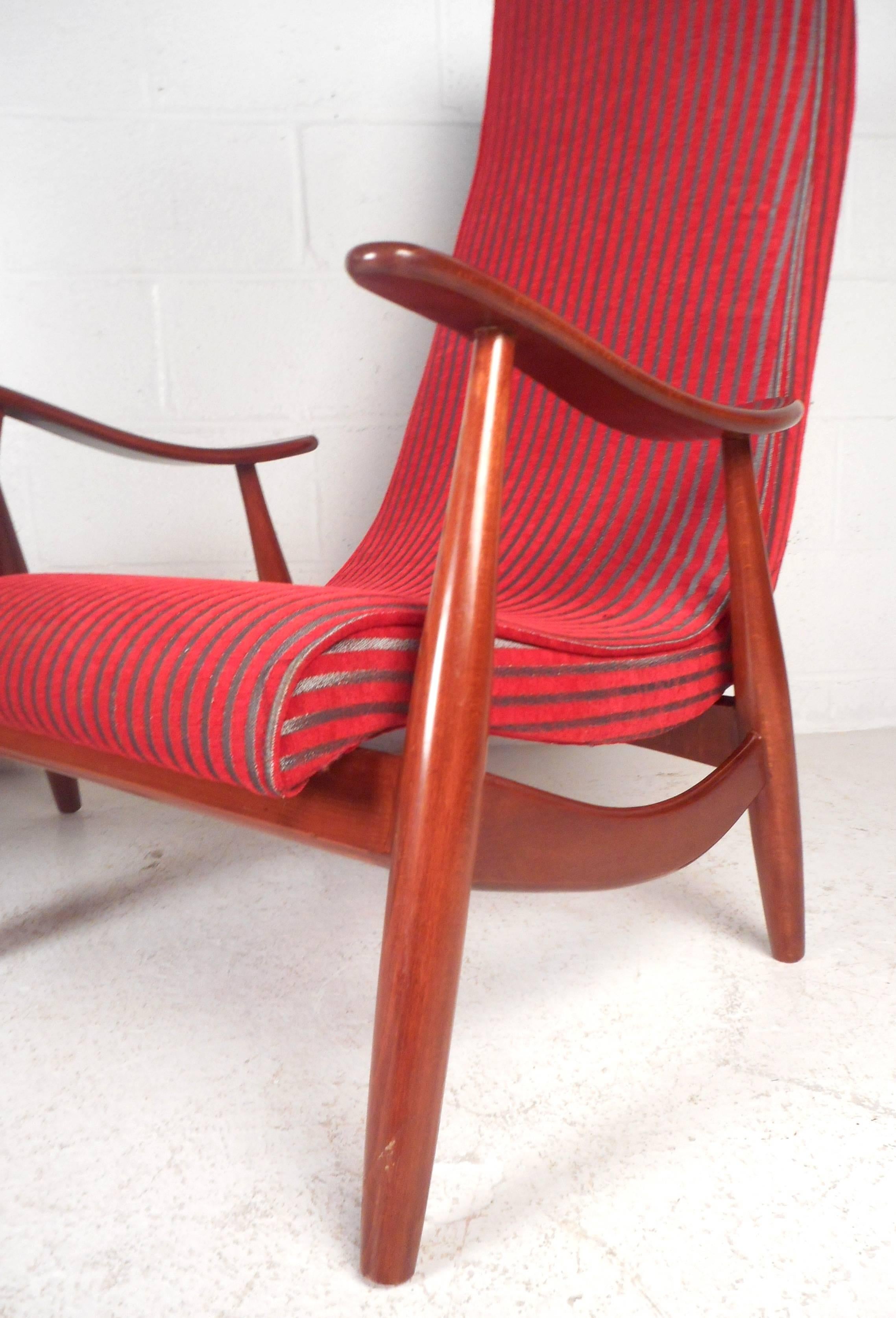 Pair of Mid-Century Sculpted High Back Walnut Lounge Chairs For Sale 1