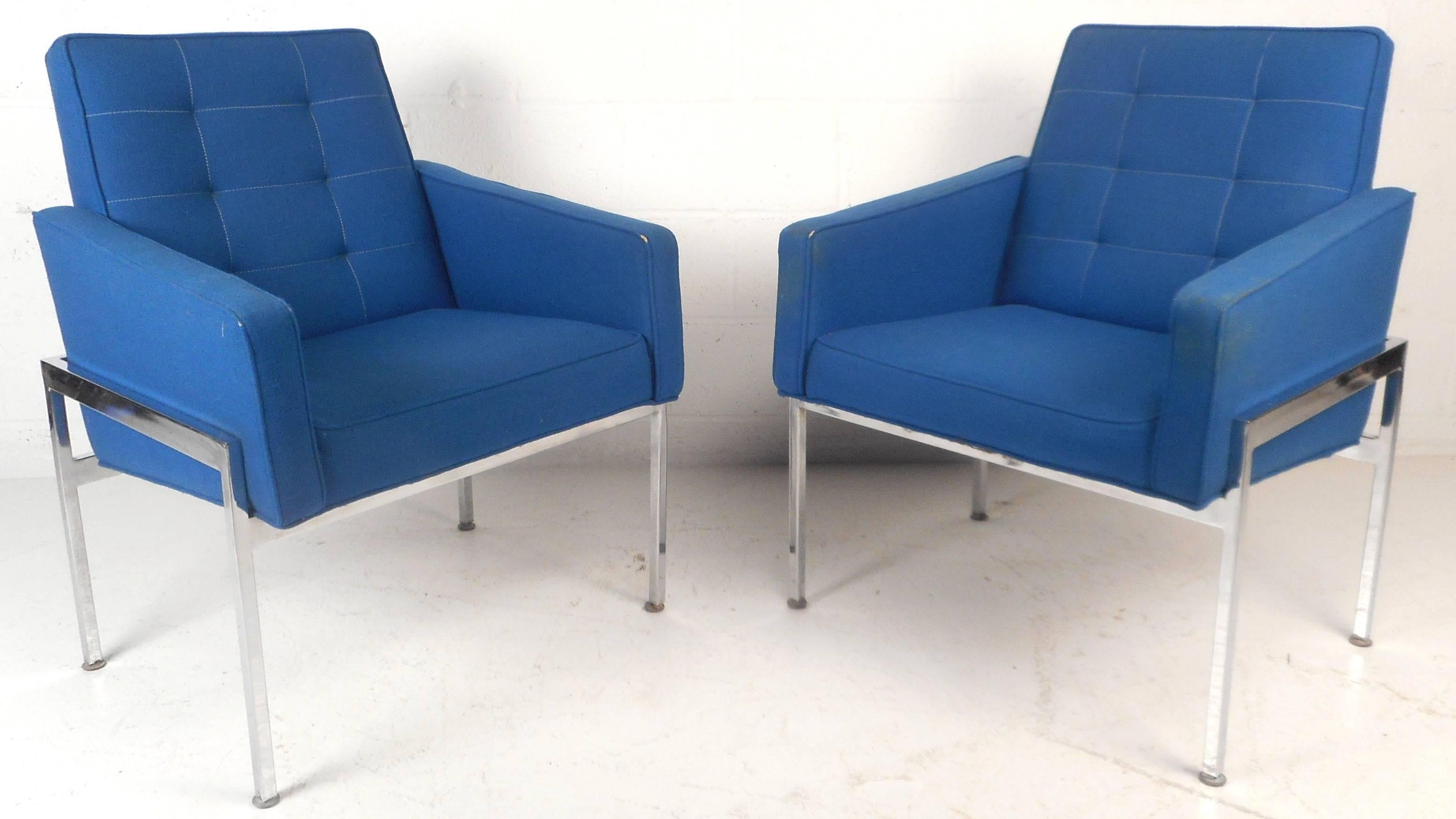 Pair of Mid-Century Modern Chrome Frame Tufted Lounge Chairs For Sale 2