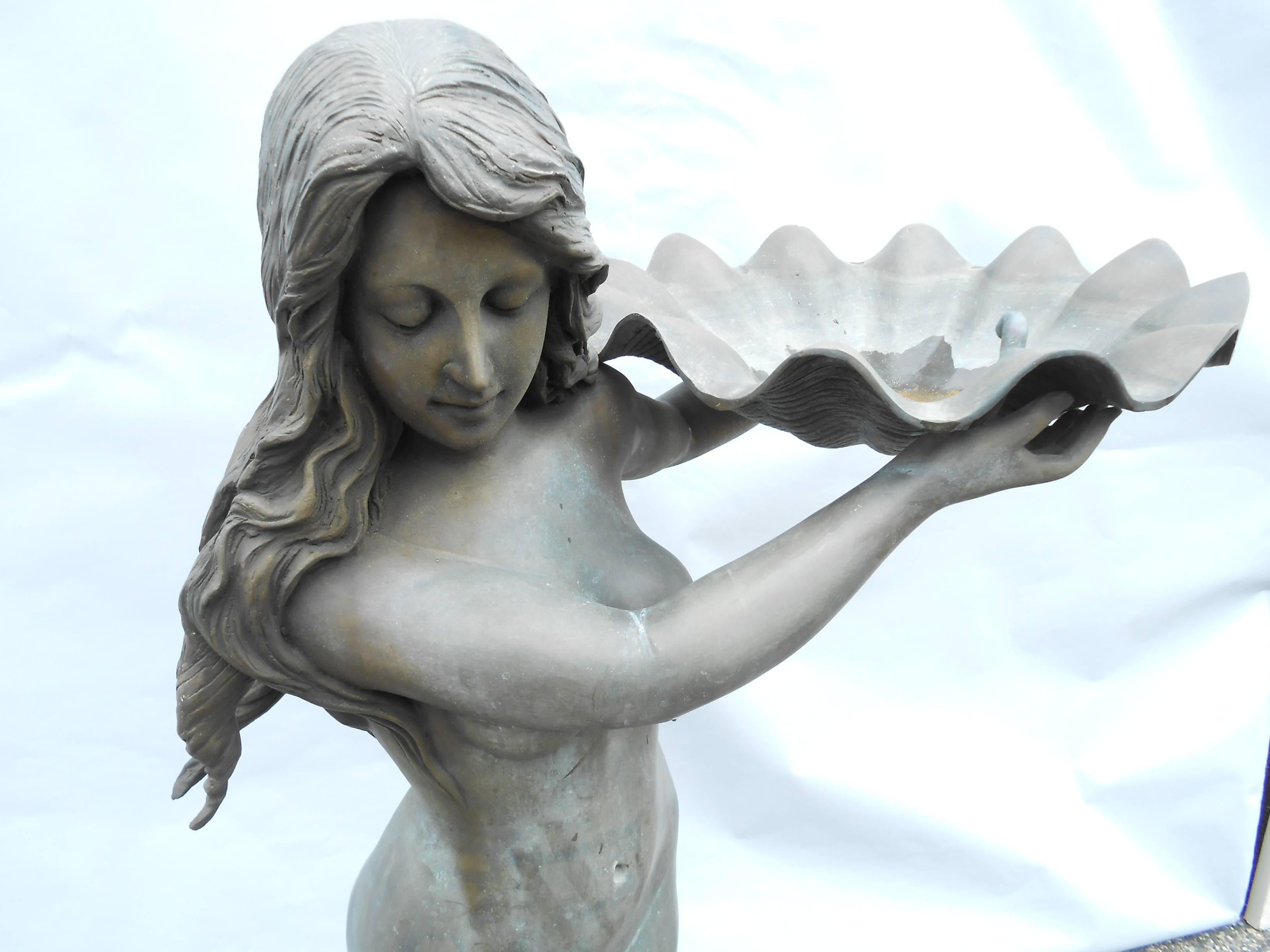 Large Bronze Fountain with a Woman Holding a Shell In Good Condition In Brooklyn, NY