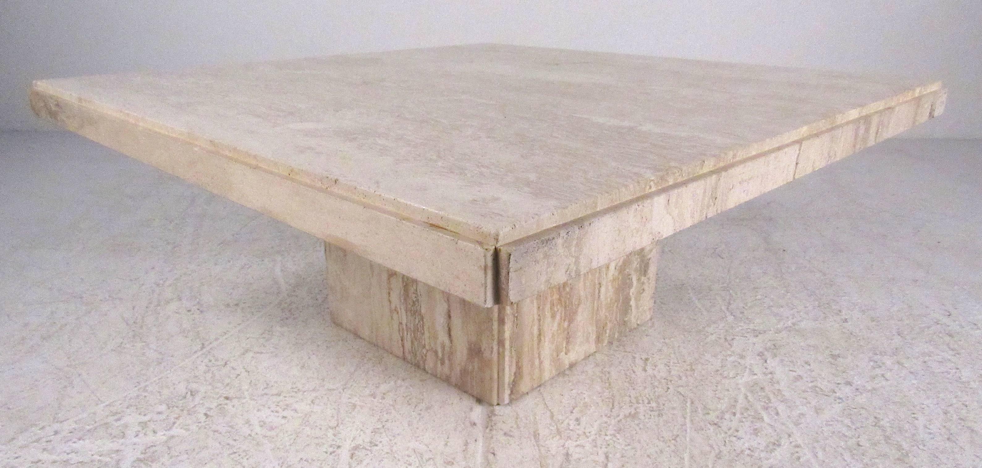 Nicely designed with simple details Italian marble pedestal coffee table.  Impressive square coffee table makes a substantial visual statement in home or business setting. Please confirm item location (NY or NJ) with dealer.